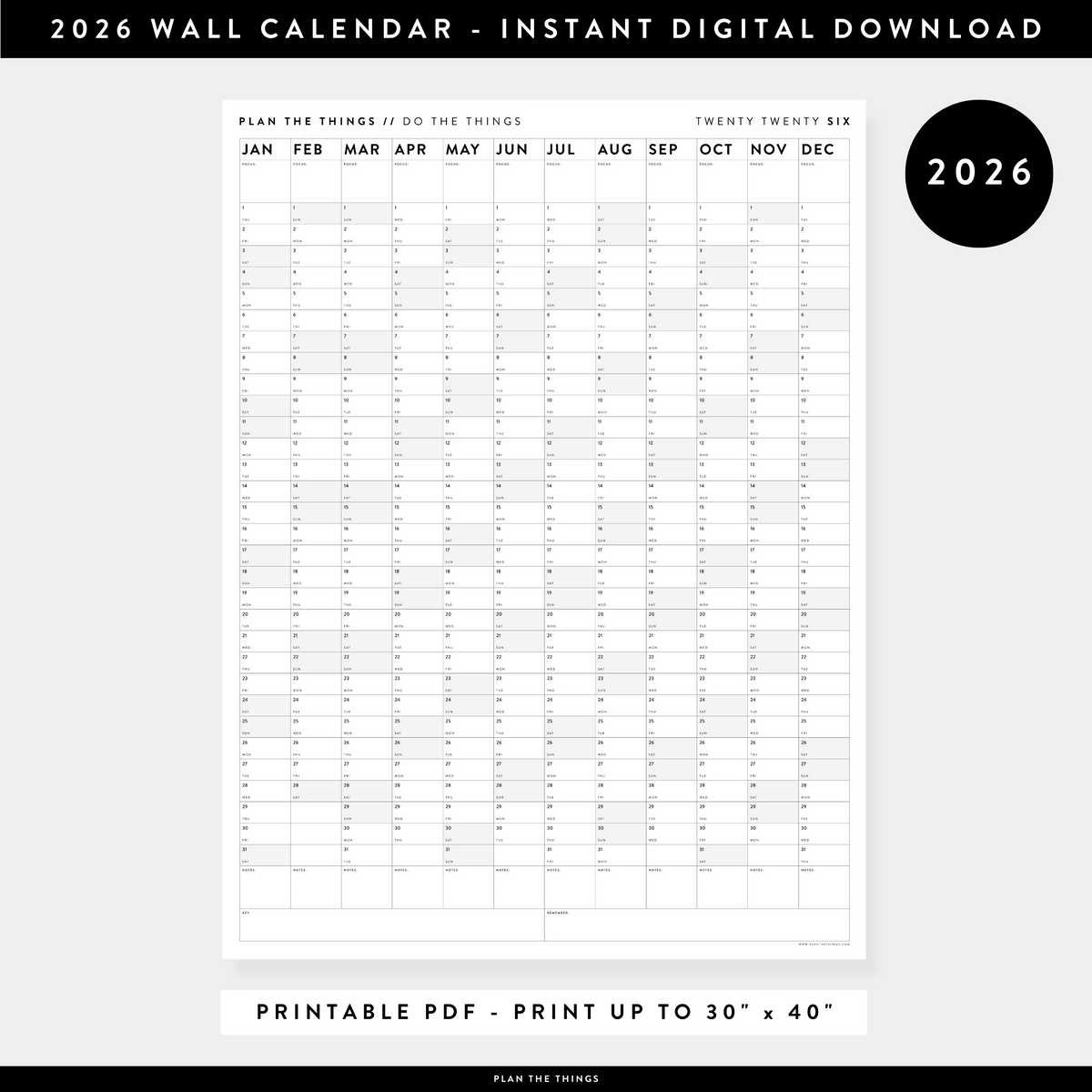 PRINTABLE VERTICAL 2026 WALL CALENDAR WITH GRAY WEEKENDS - INSTANT DOW ...