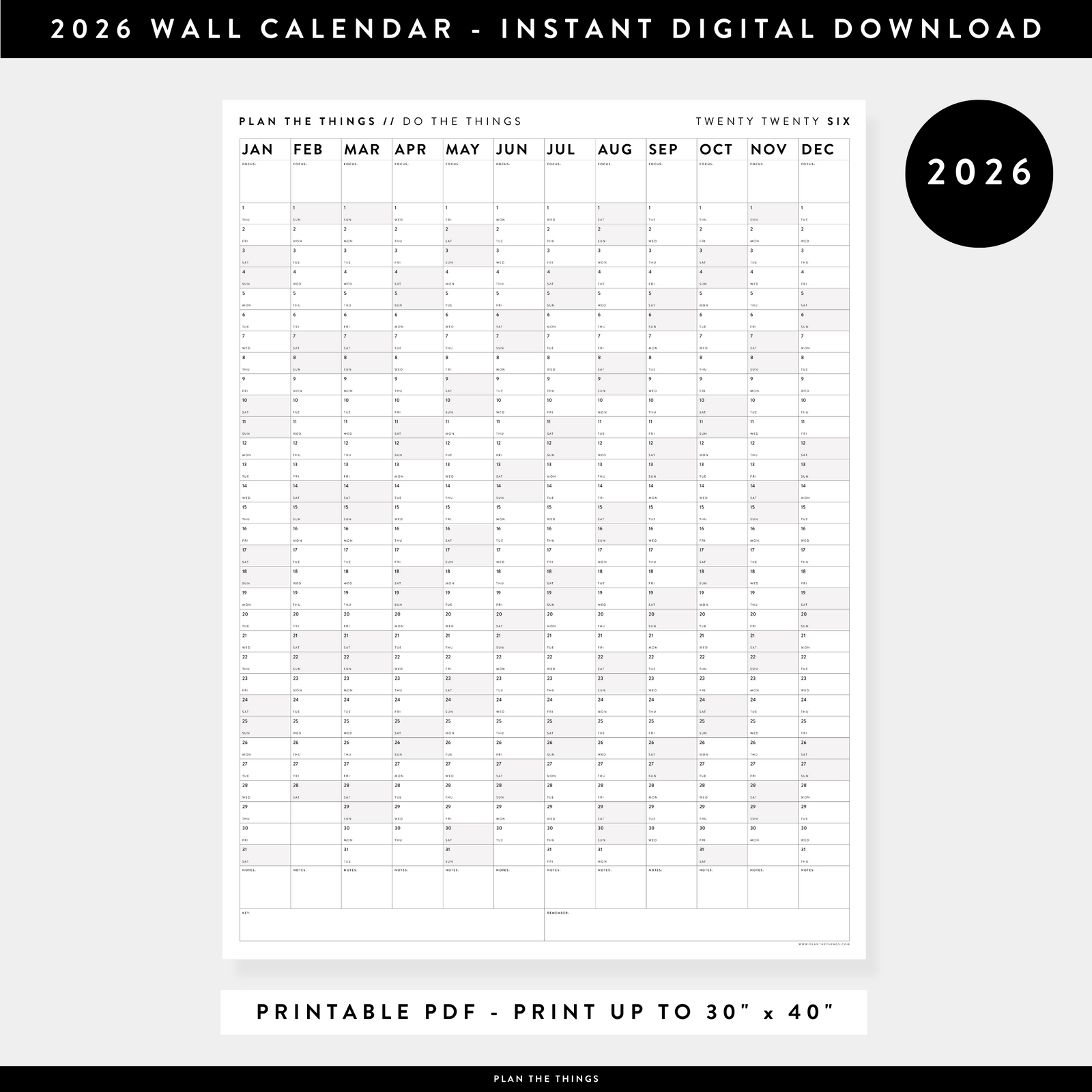 PRINTABLE VERTICAL 2026 WALL CALENDAR WITH GRAY WEEKENDS - INSTANT DOWNLOAD