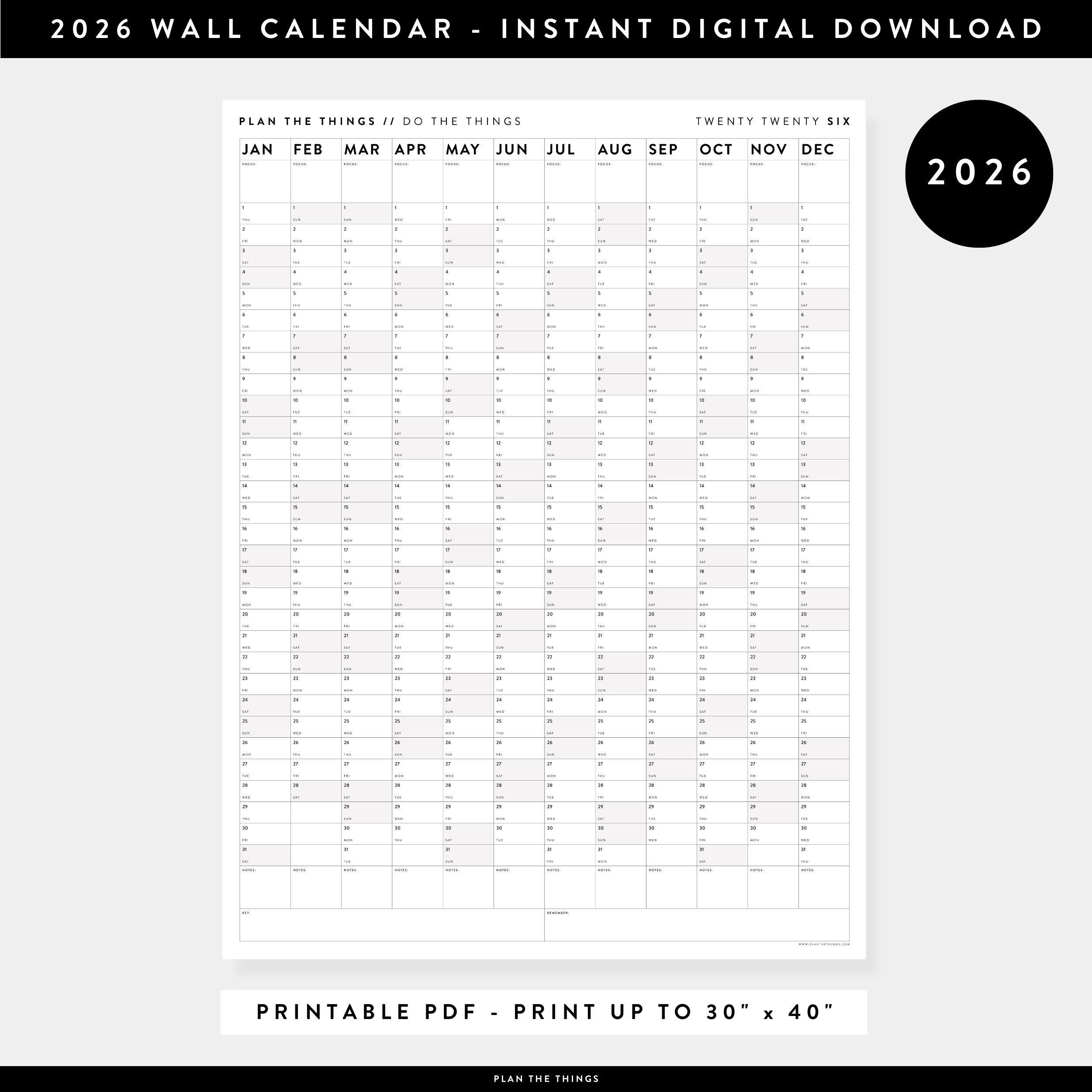 PRINTABLE VERTICAL 2026 WALL CALENDAR WITH GRAY WEEKENDS - INSTANT DOW ...