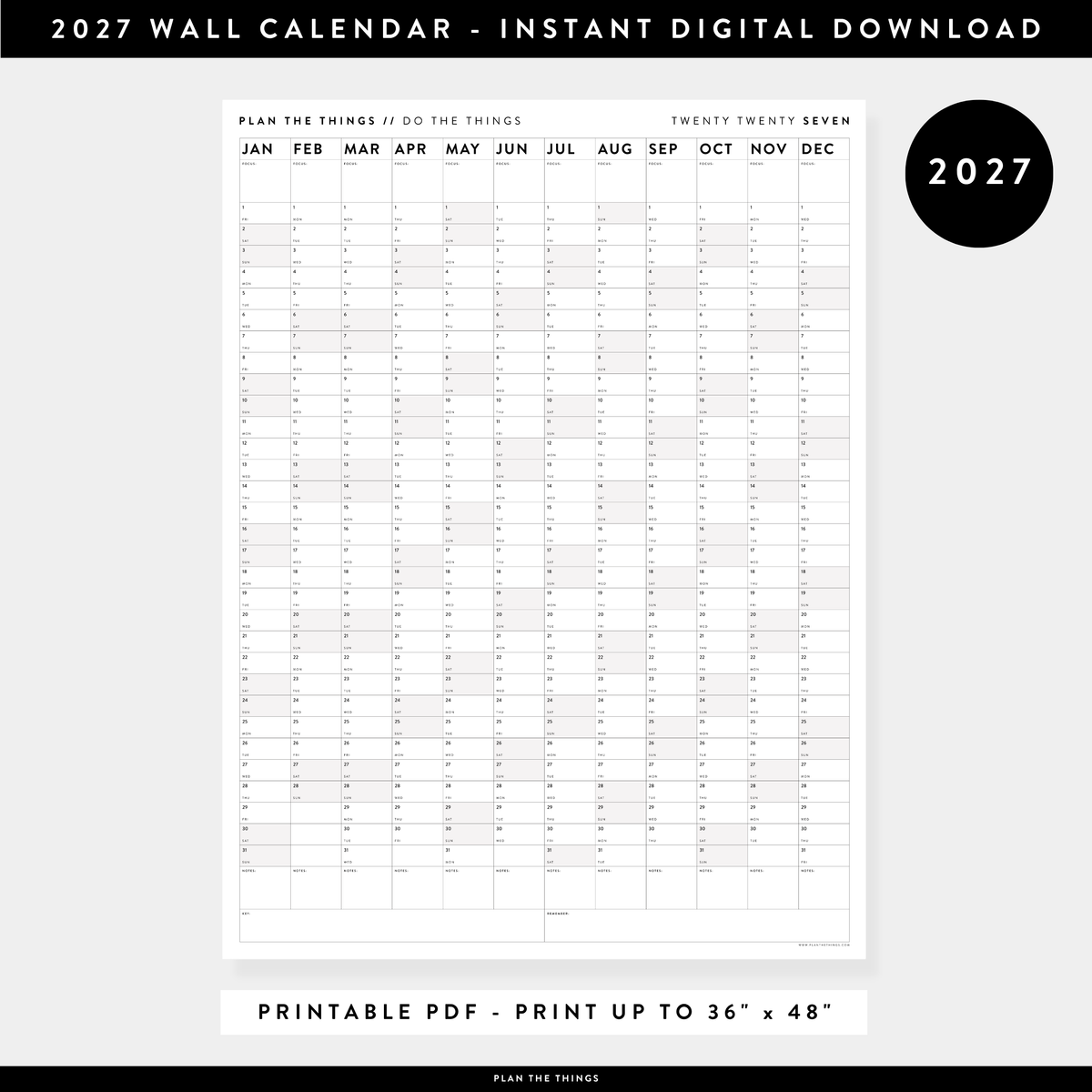 PRINTABLE VERTICAL 2027 WALL CALENDAR WITH GRAY WEEKENDS - INSTANT DOWNLOAD