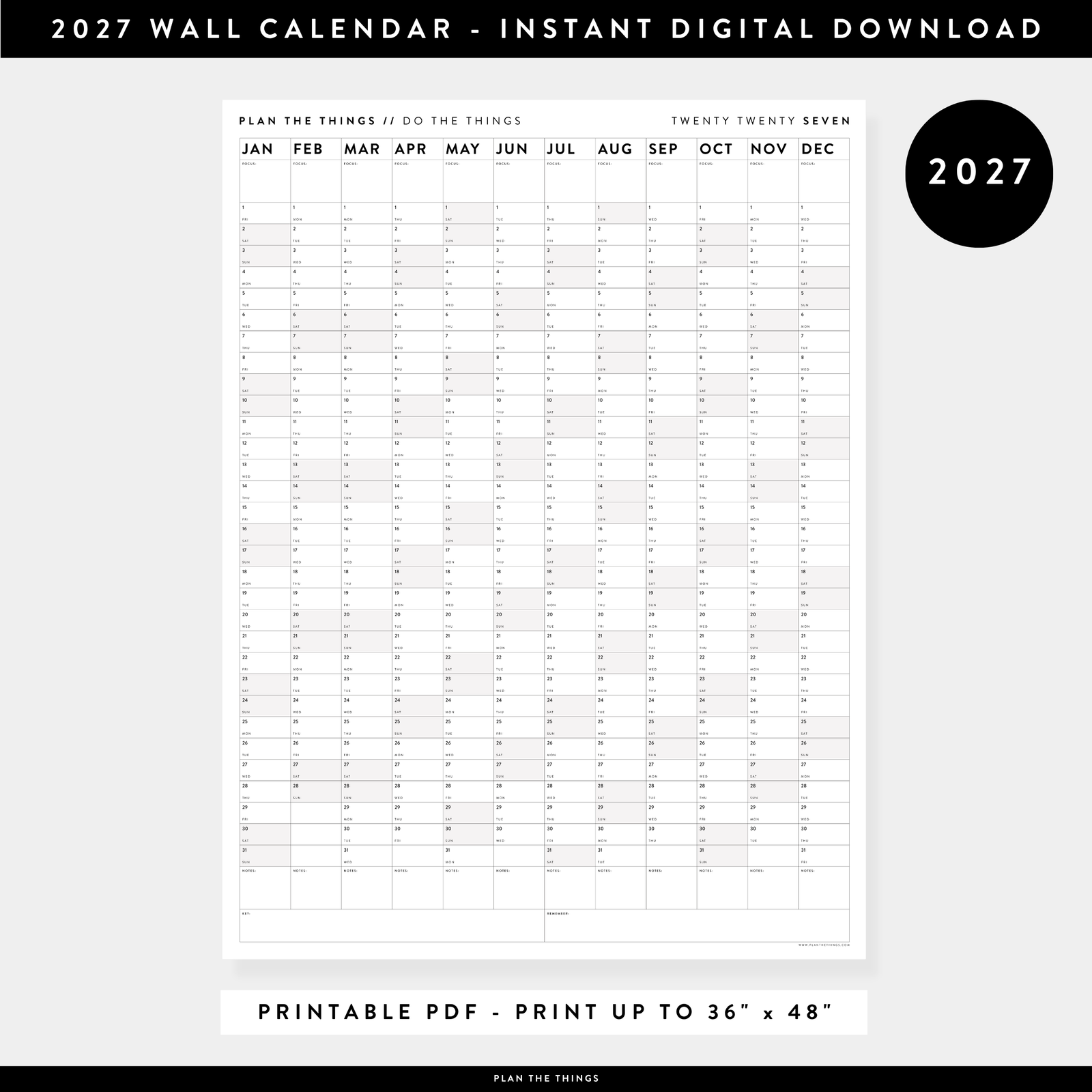PRINTABLE VERTICAL 2027 WALL CALENDAR WITH GRAY WEEKENDS - INSTANT DOWNLOAD