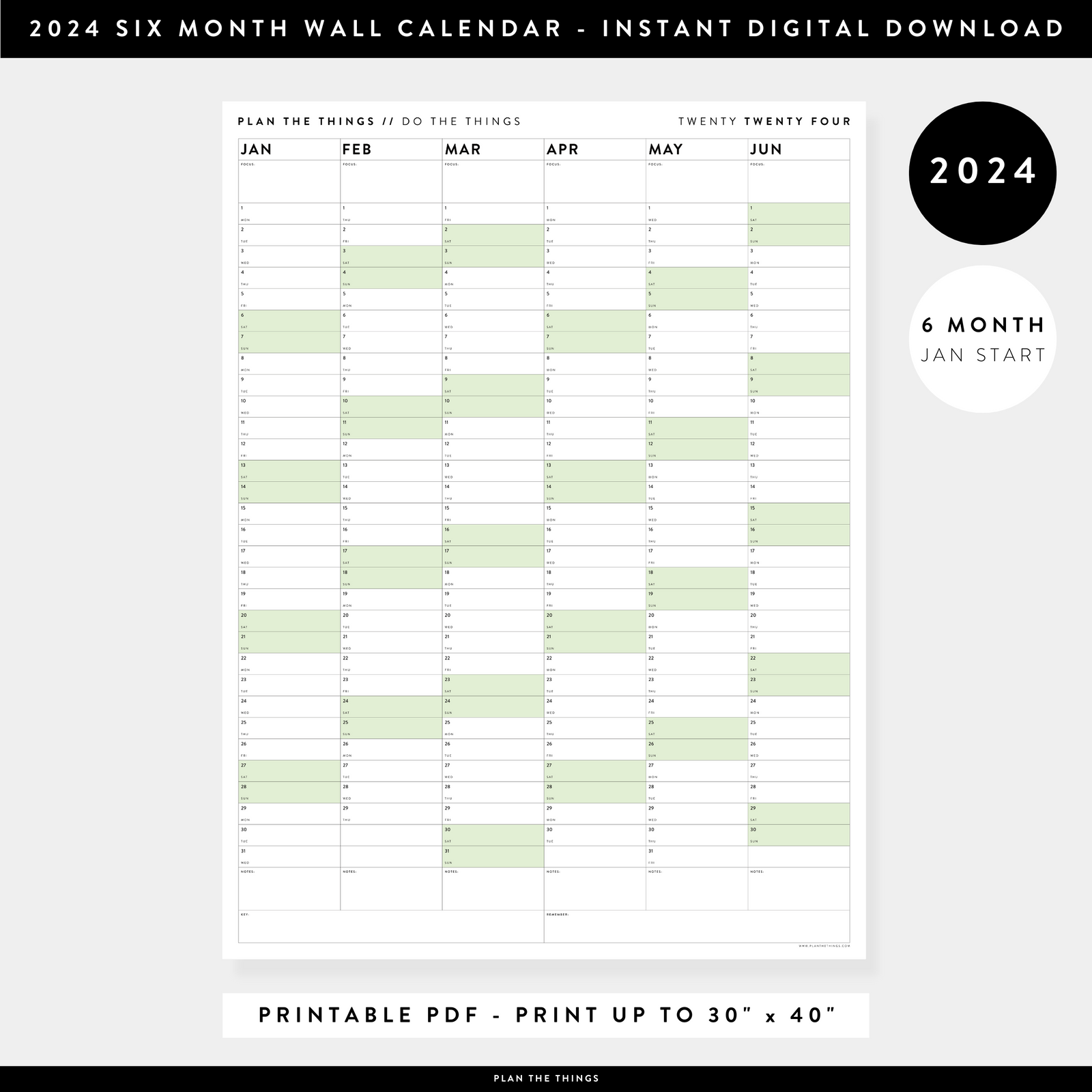 PRINTABLE 2024 SIX MONTH CALENDARS| JANUARY - JUNE // INSTANT DOWNLOAD -  Plan The Things