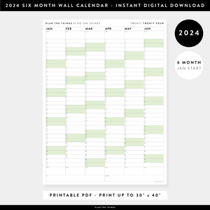 PRINTABLE SIX MONTH 2024 WALL CALENDAR (JANUARY TO JUNE) WITH GREEN WEEKENDS - INSTANT DOWNLOAD