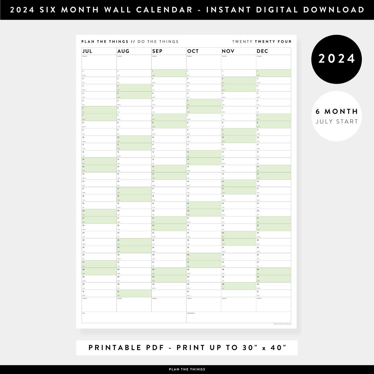 PRINTABLE SIX MONTH 2024 WALL CALENDAR (JULY TO DECEMBER) WITH GREEN W - Plan The Things printable-six-month-2024-wall-calendar-july-to-december-with-green-w-plan-the-things