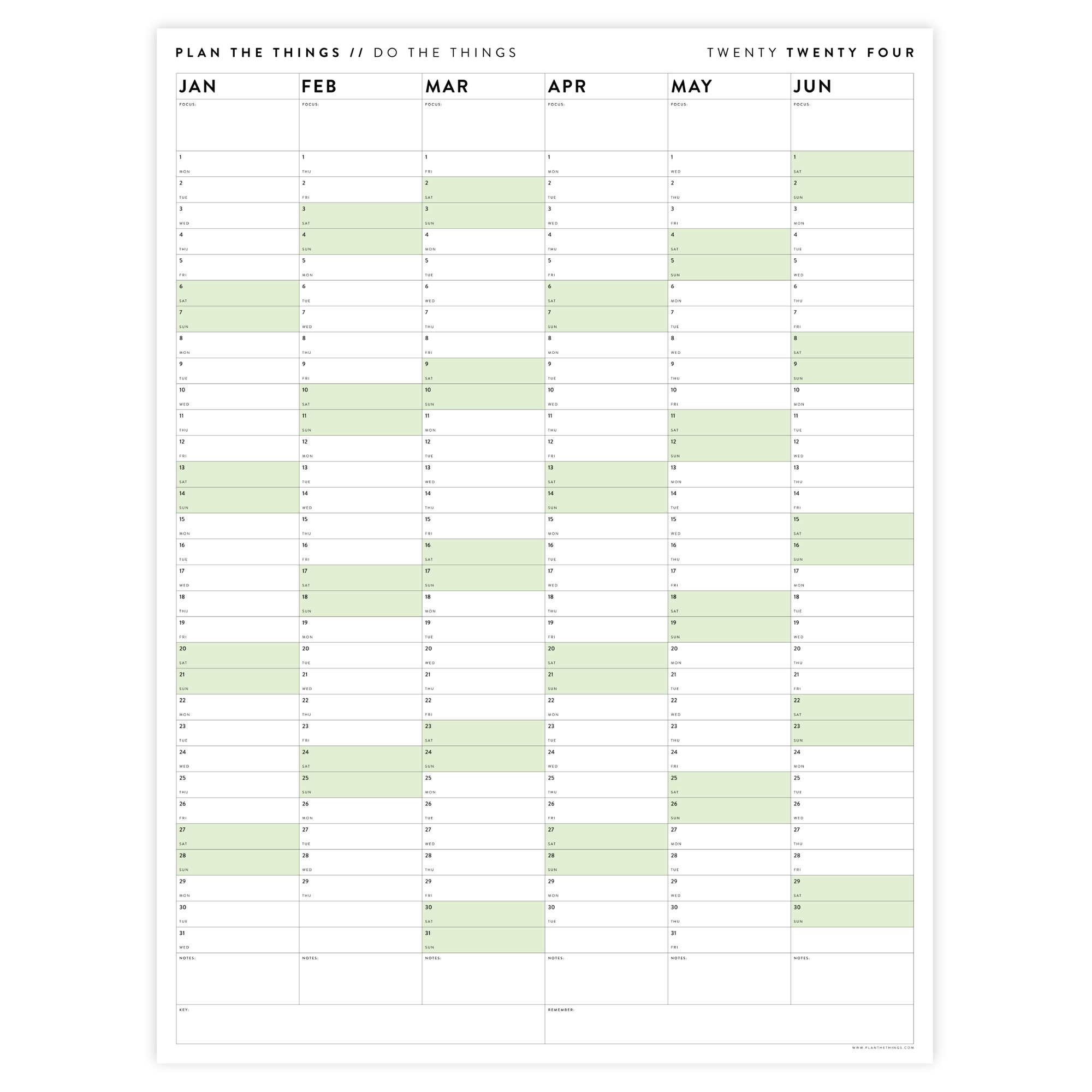 SIX MONTH 2024 GIANT WALL CALENDAR (JANUARY TO JUNE)  WITH GREEN WEEKENDS