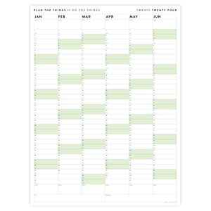 SIX MONTH 2024 GIANT WALL CALENDAR (JANUARY TO JUNE)  WITH GREEN WEEKENDS