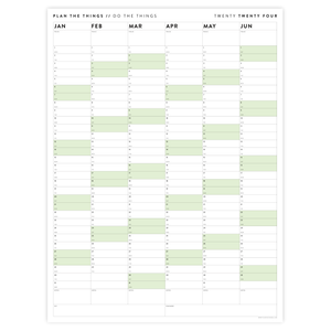 PRINTABLE SIX MONTH 2024 WALL CALENDAR (JANUARY TO JUNE) WITH GREEN WEEKENDS - INSTANT DOWNLOAD