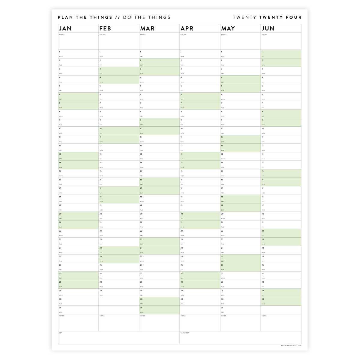 PRINTABLE SIX MONTH 2024 WALL CALENDAR SET WITH GREEN WEEKENDS - INSTA - Plan The Things printable-six-month-2024-wall-calendar-set-with-green-weekends-insta-plan-the-things
