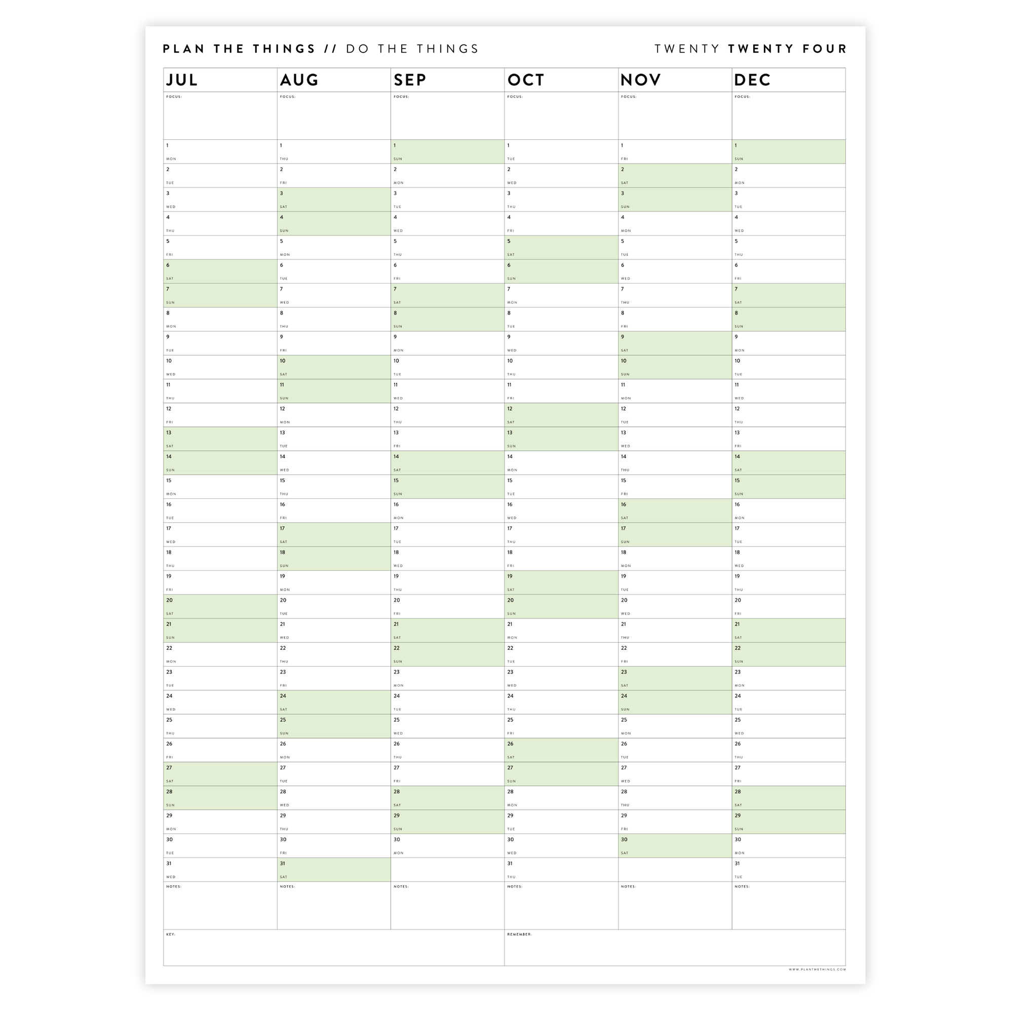 PRINTABLE SIX MONTH 2024 WALL CALENDAR (JULY TO DECEMBER) WITH GREEN WEEKENDS - INSTANT DOWNLOAD