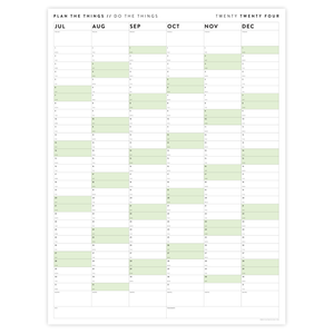 PRINTABLE SIX MONTH 2024 WALL CALENDAR (JULY TO DECEMBER) WITH GREEN WEEKENDS - INSTANT DOWNLOAD