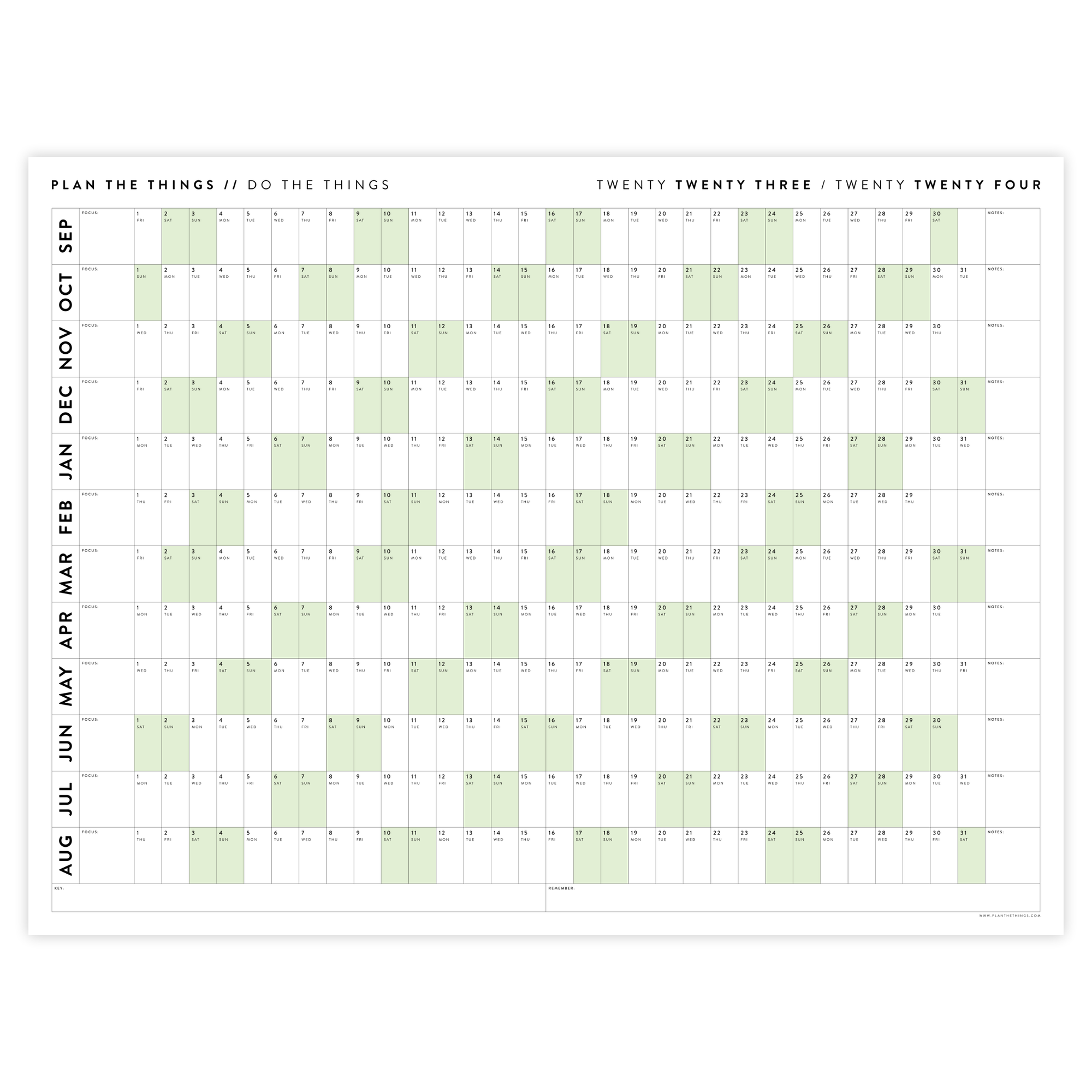 PRINTABLE 2023 / 2024 ACADEMIC WALL CALENDAR (SEPTEMBER START) | HORIZONTAL WITH GREEN WEEKENDS - INSTANT DOWNLOAD