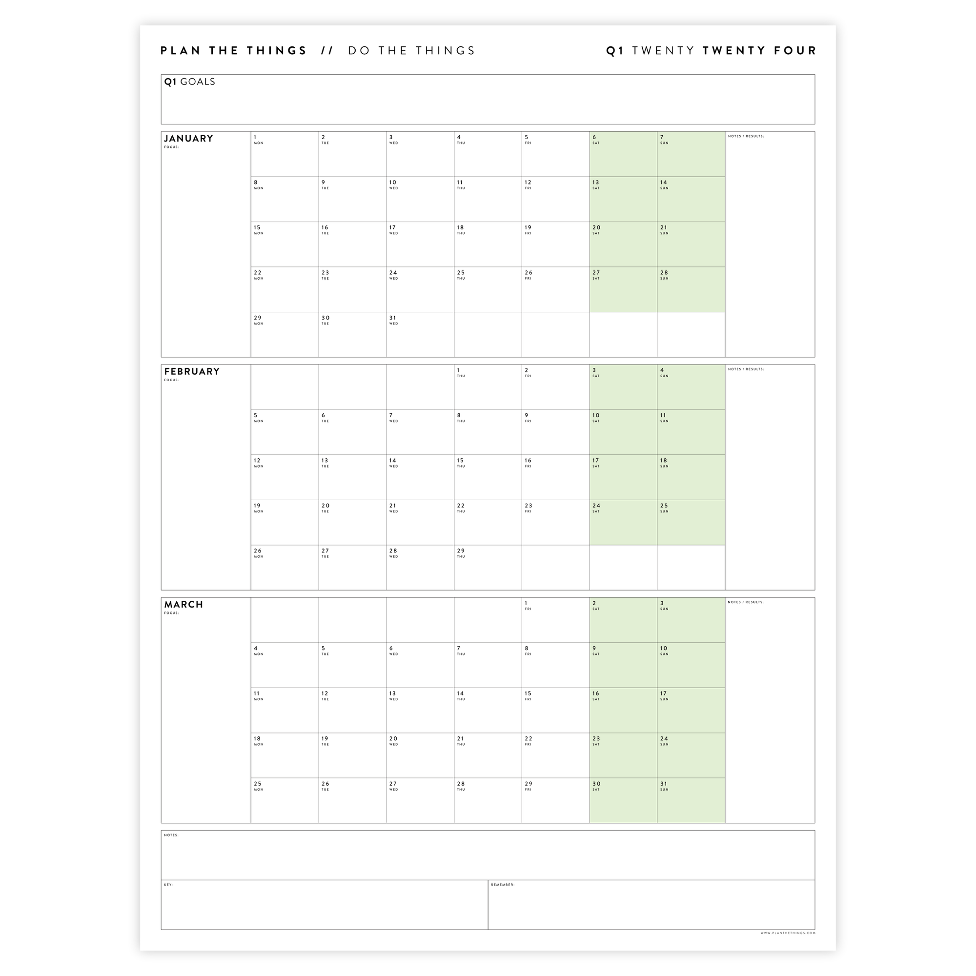 PRINTABLE Q1 (JANUARY - MARCH) 2024 QUARTERLY WALL CALENDAR (GREEN) - INSTANT DOWNLOAD