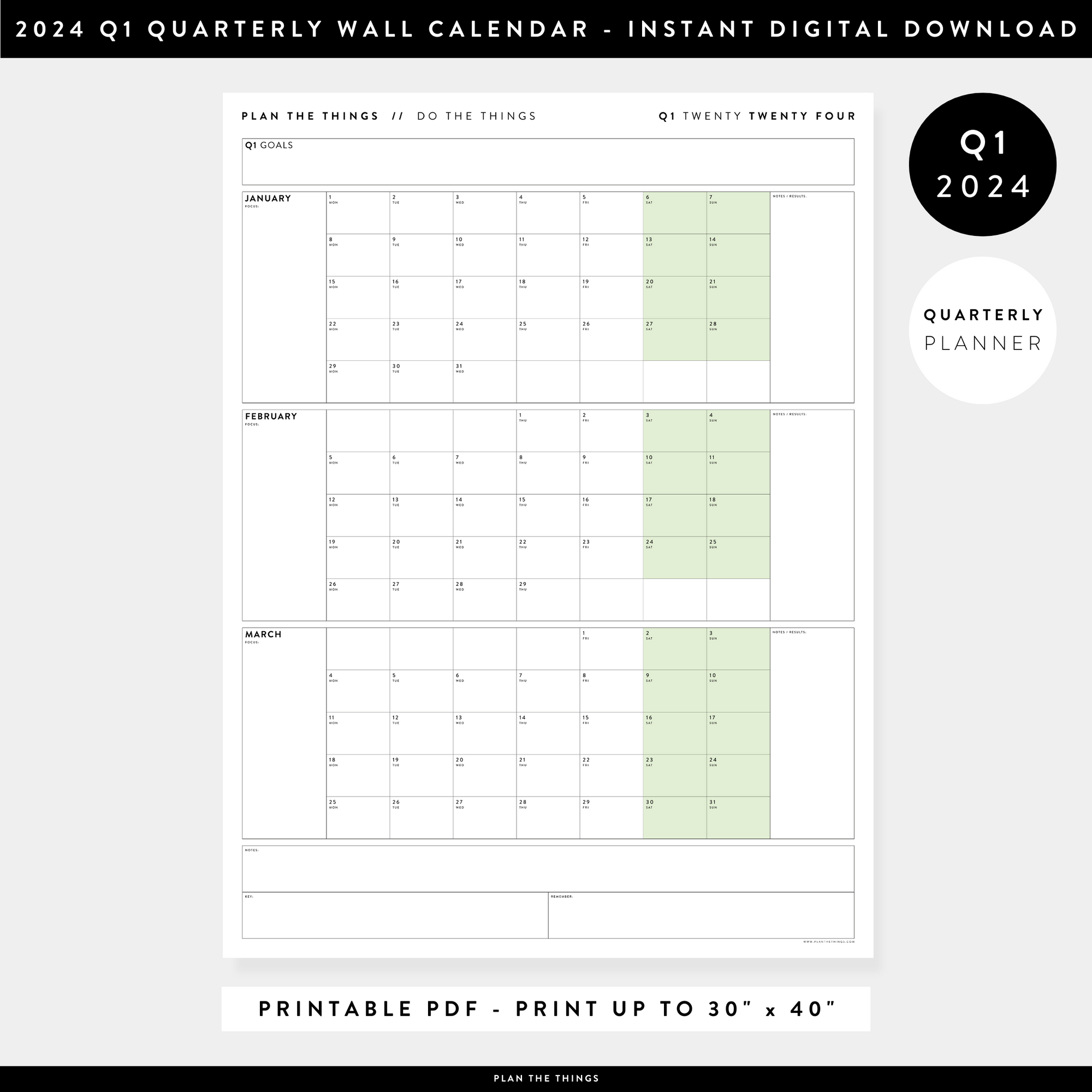 PRINTABLE Q1 (JANUARY - MARCH) 2024 QUARTERLY WALL CALENDAR (GREEN) - INSTANT DOWNLOAD