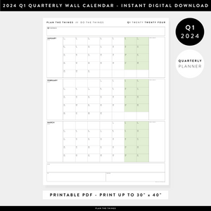 PRINTABLE Q1 (JANUARY - MARCH) 2024 QUARTERLY WALL CALENDAR (GREEN) - INSTANT DOWNLOAD