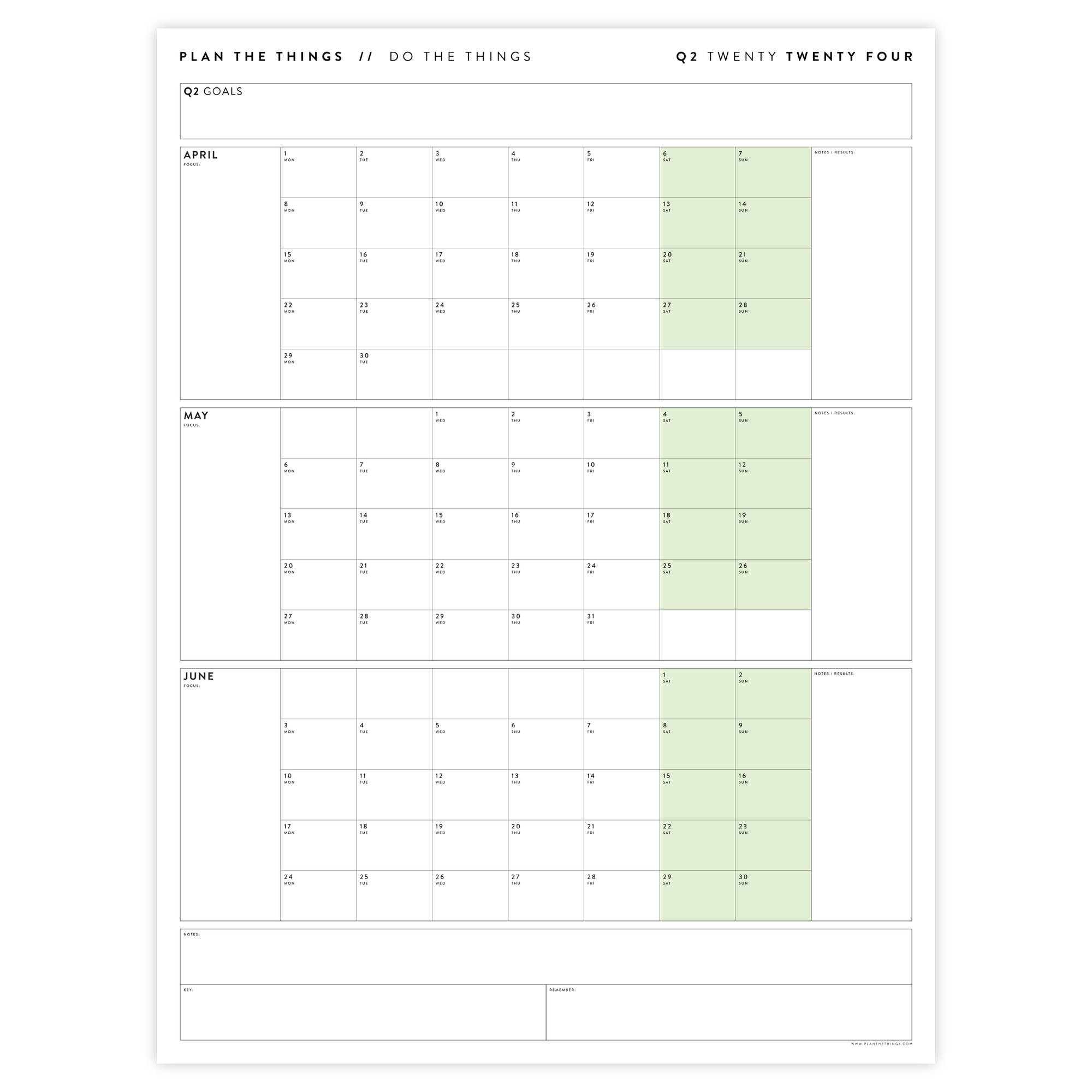 Q2 2024 QUARTERLY GIANT WALL CALENDAR (APRIL - JUNE 2024) - GREEN WEEKENDS