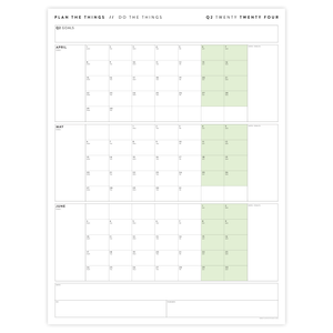 PRINTABLE Q2 (APRIL - JUNE) 2024 QUARTERLY WALL CALENDAR (GREEN) - INSTANT PDF DOWNLOAD