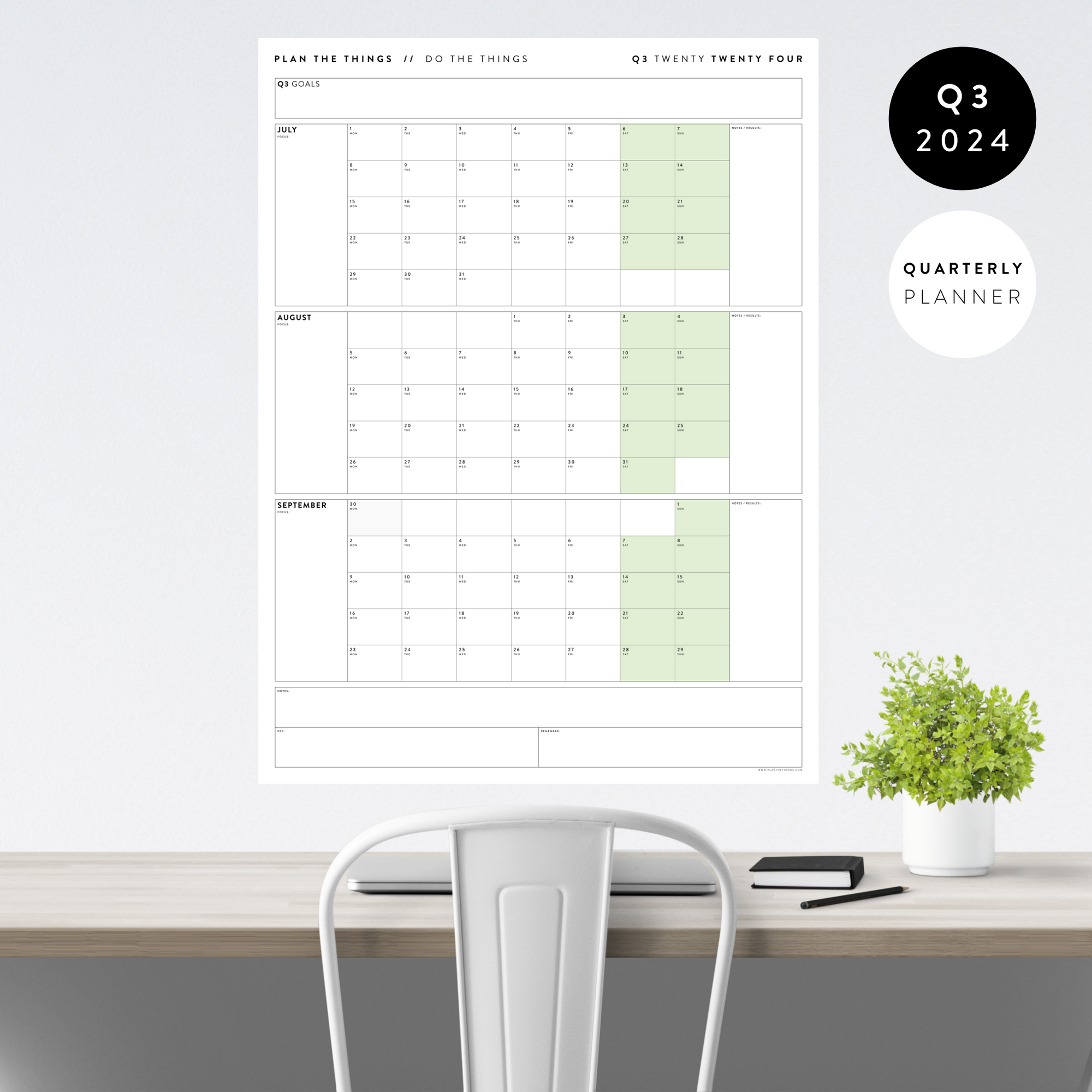 Q3 2024 QUARTERLY GIANT WALL CALENDAR (JULY - SEPTEMBER 2024) - GREEN WEEKENDS