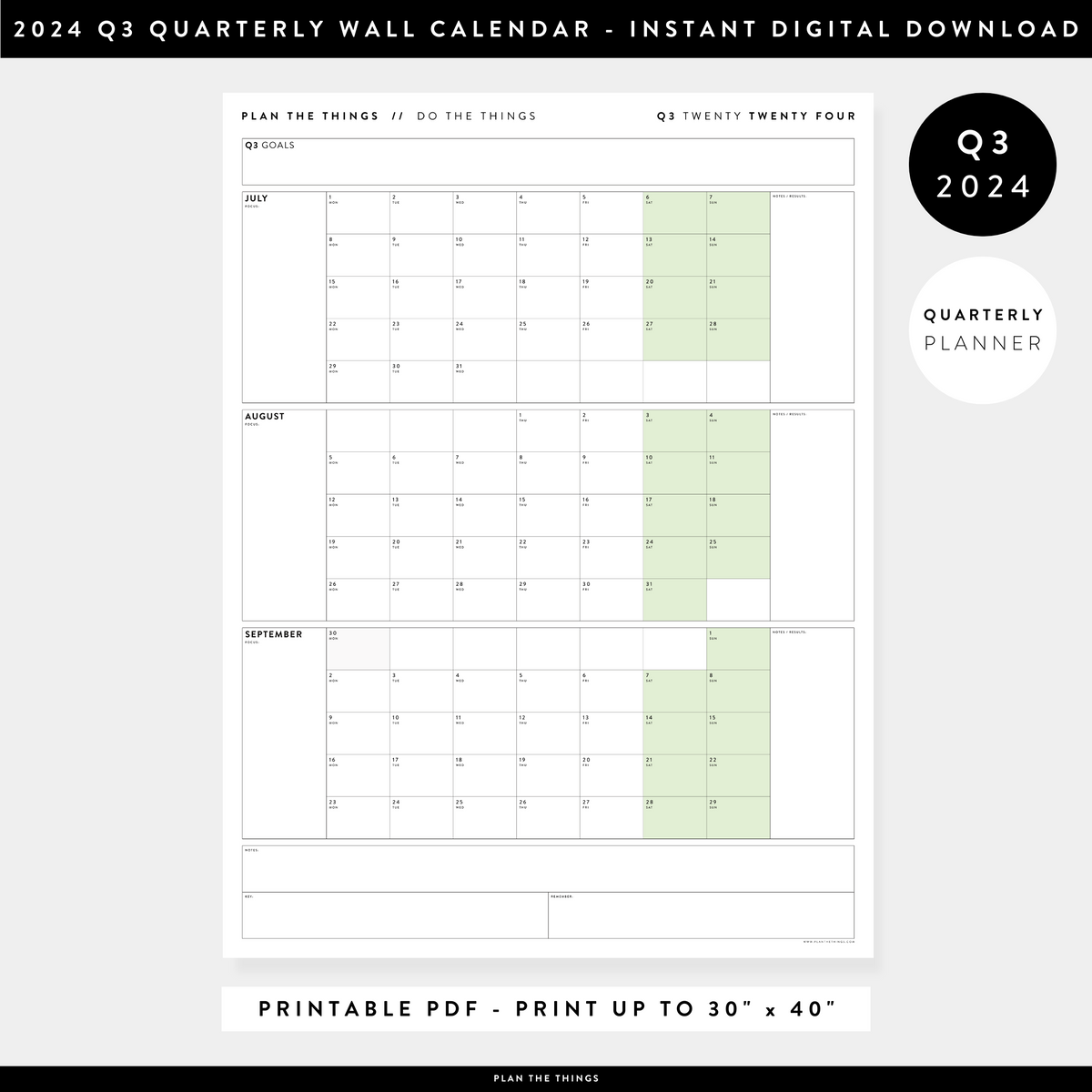 PRINTABLE Q3 JULY SEPTEMBER 2024 QUARTERLY WALL CALENDAR GREEN 