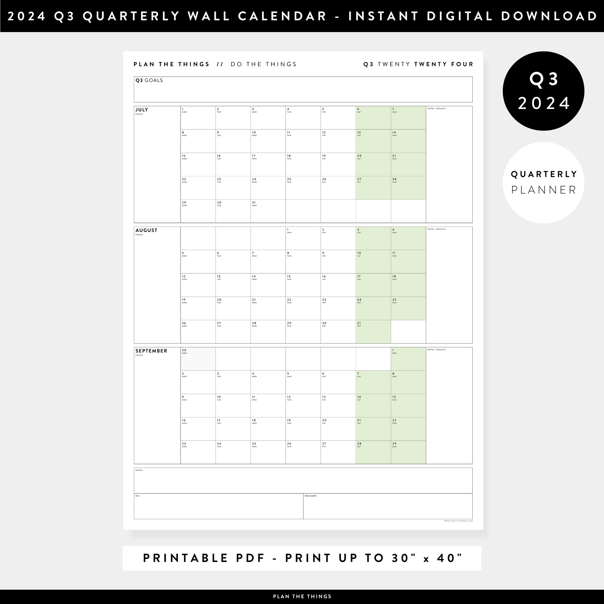 PRINTABLE Q3 (JULY - SEPTEMBER) 2024 QUARTERLY WALL CALENDAR (GREEN) - INSTANT PDF DOWNLOAD