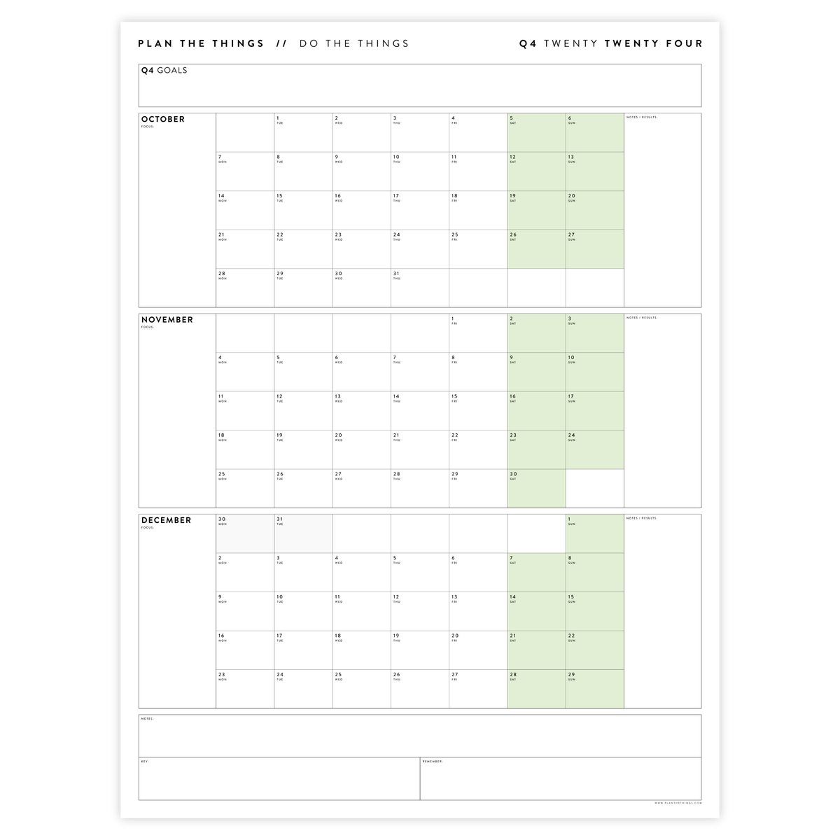 PRINTABLE Q4 (OCTOBER - DECEMBER) 2024 QUARTERLY WALL CALENDAR (GREEN) - INSTANT PDF DOWNLOAD