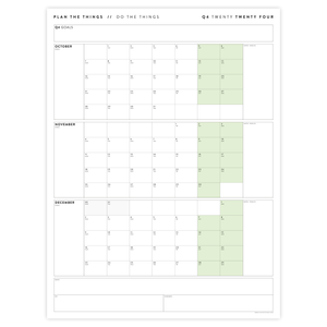 PRINTABLE Q4 (OCTOBER - DECEMBER) 2024 QUARTERLY WALL CALENDAR (GREEN) - INSTANT PDF DOWNLOAD