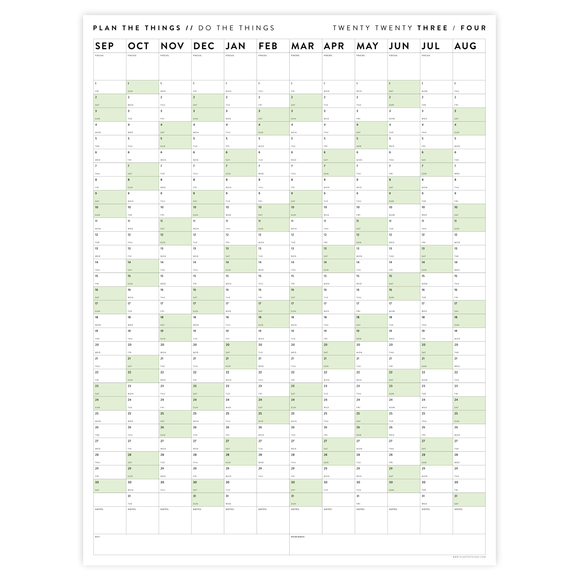 PRINTABLE 2023 / 2024 ACADEMIC WALL CALENDAR (SEPTEMBER START) | VERTICAL WITH GREEN WEEKENDS - INSTANT DOWNLOAD