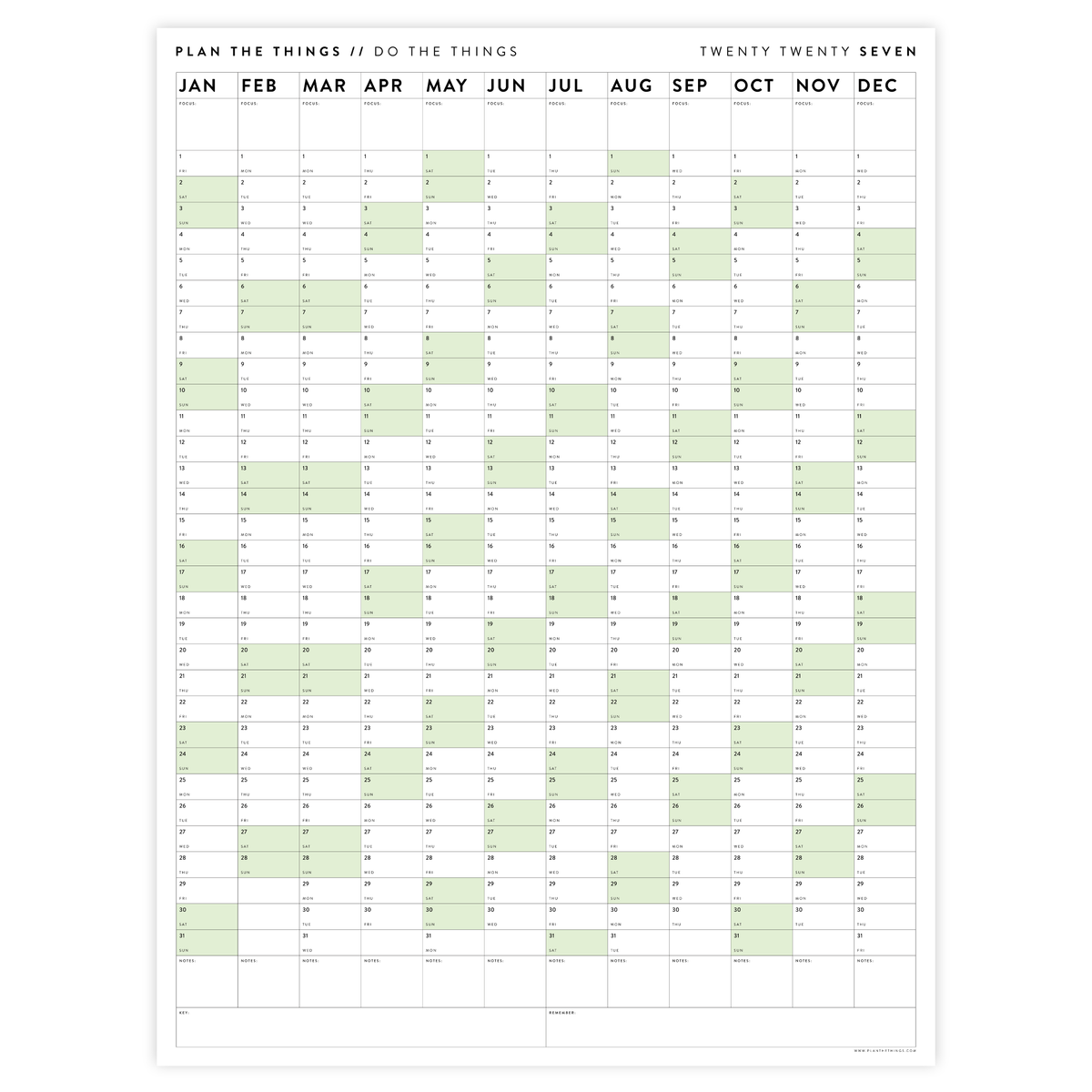 PRINTABLE VERTICAL 2027 WALL CALENDAR WITH GREEN WEEKENDS - INSTANT DOWNLOAD