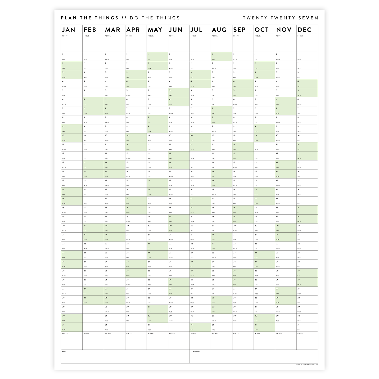 PRINTABLE VERTICAL 2027 WALL CALENDAR WITH GREEN WEEKENDS - INSTANT DOWNLOAD