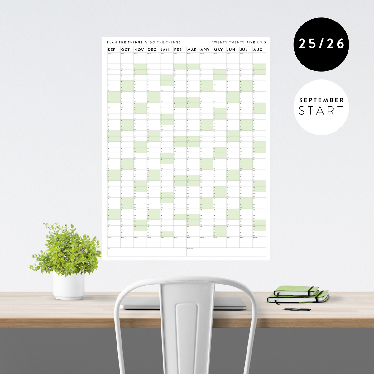 PRINTABLE 2025 - 2026 ACADEMIC WALL CALENDAR (SEPTEMBER START) | VERTICAL WITH GREEN WEEKENDS - INSTANT DOWNLOAD