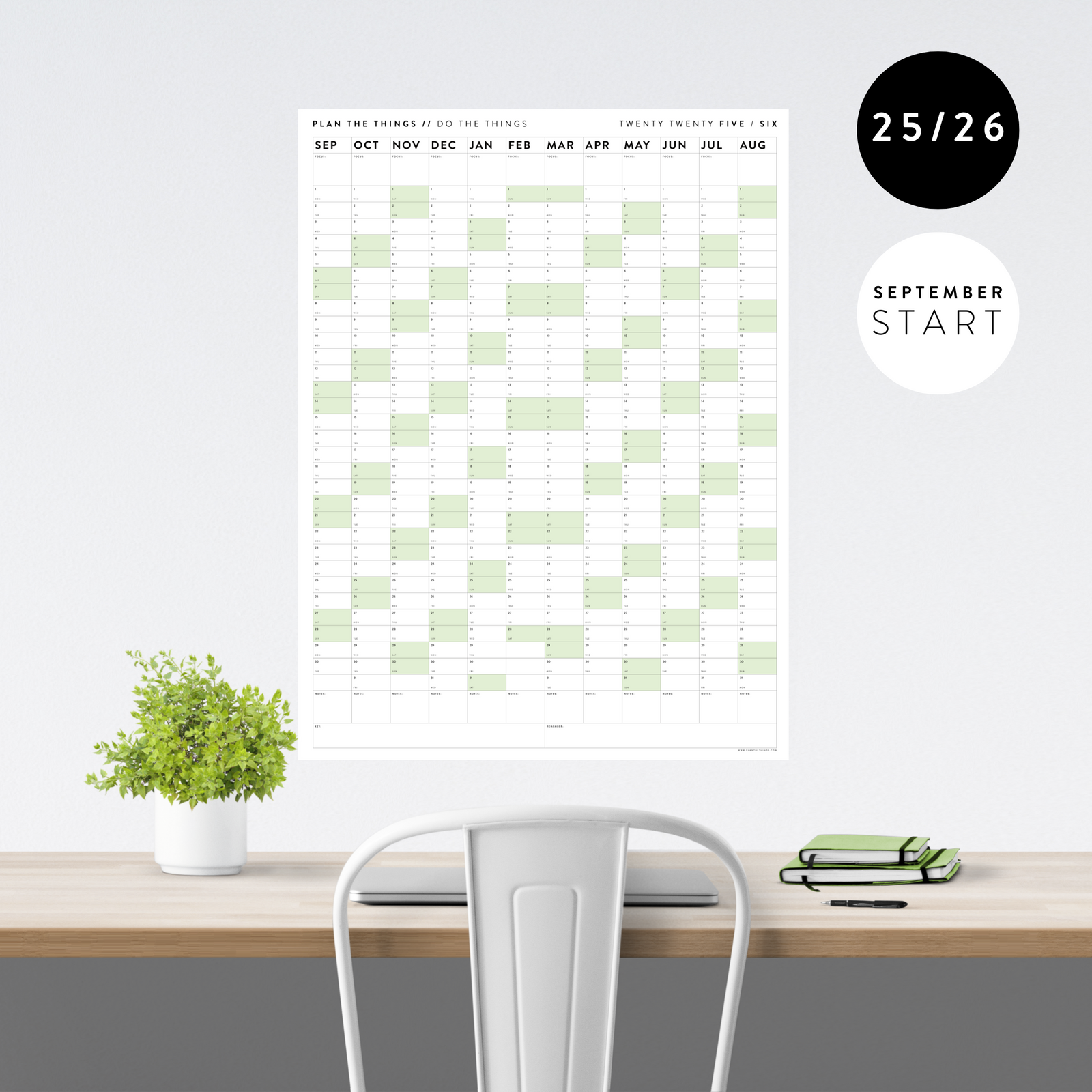 2025 - 2026 ACADEMIC WALL CALENDAR (SEPTEMBER START) | VERTICAL WITH GREEN WEEKENDS