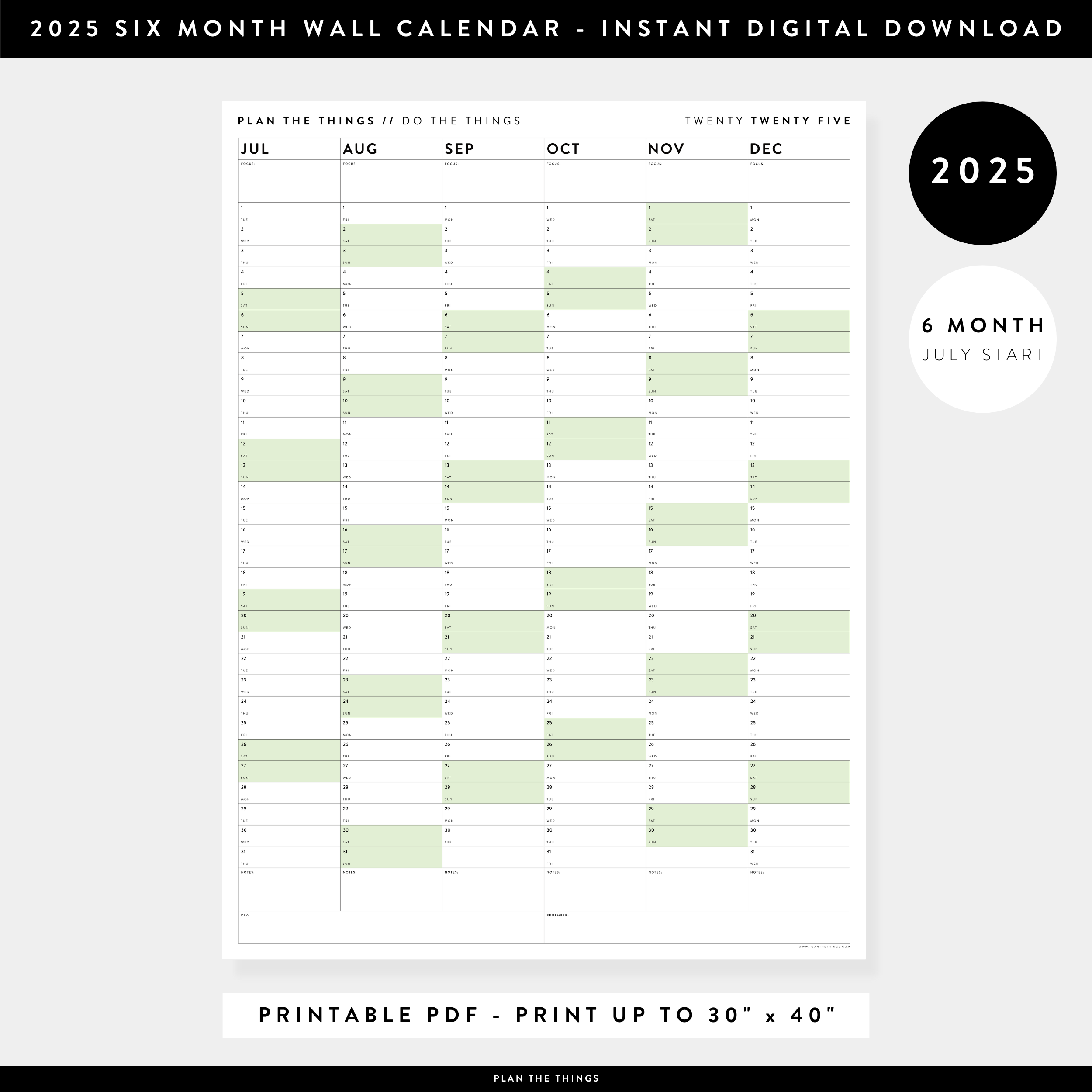 PRINTABLE SIX MONTH 2025 WALL CALENDAR (JULY TO DECEMBER) WITH GREEN W - Plan The Things printable-six-month-2025-wall-calendar-july-to-december-with-green-w-plan-the-things