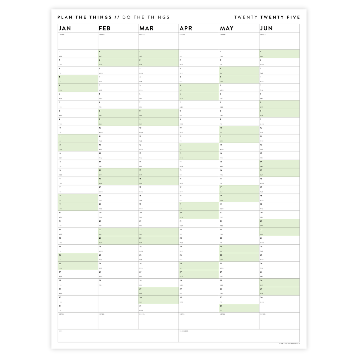 PRINTABLE SIX MONTH 2025 WALL CALENDAR SET WITH GREEN WEEKENDS - INSTANT DOWNLOAD