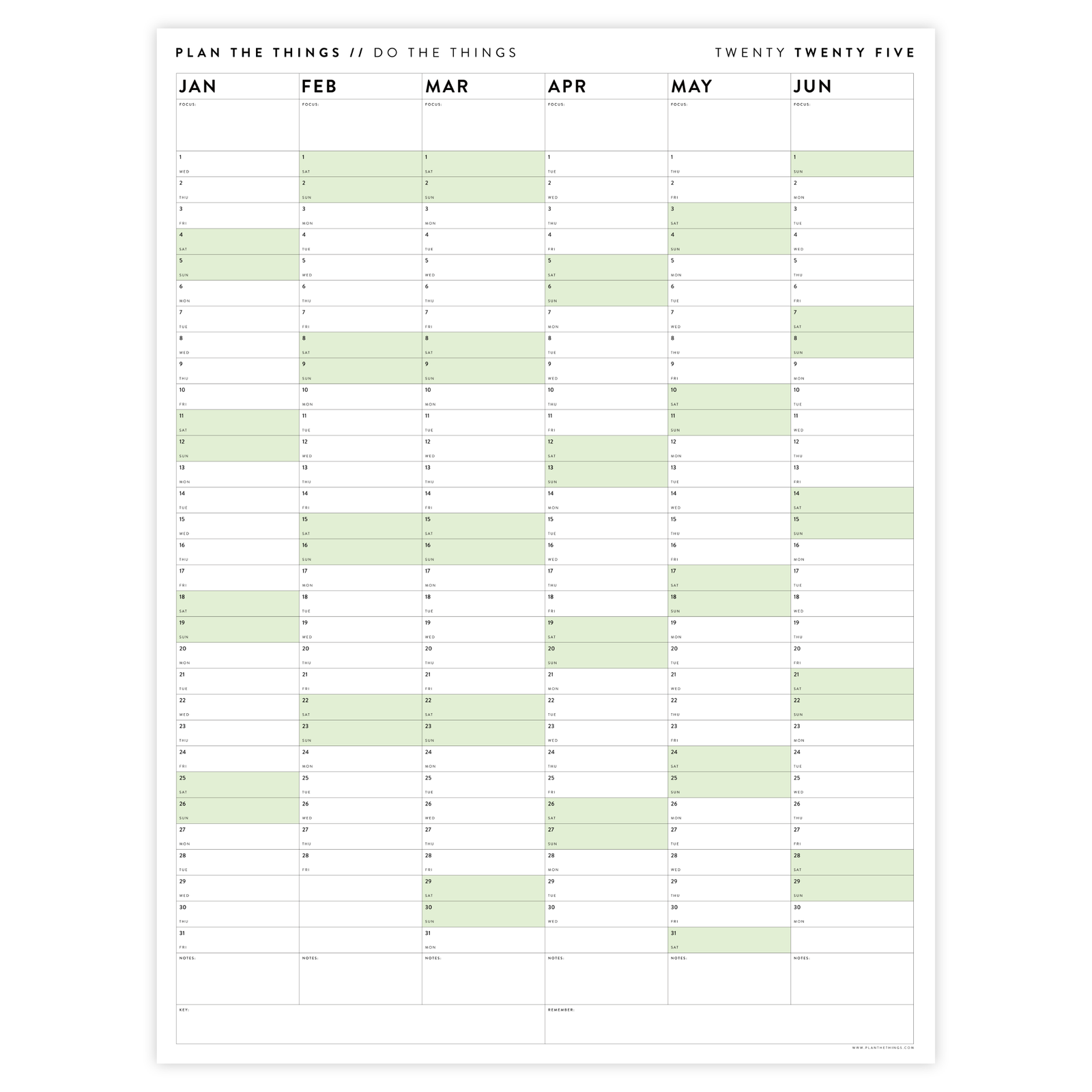 PRINTABLE SIX MONTH 2025 WALL CALENDAR SET WITH GREEN WEEKENDS - INSTANT DOWNLOAD