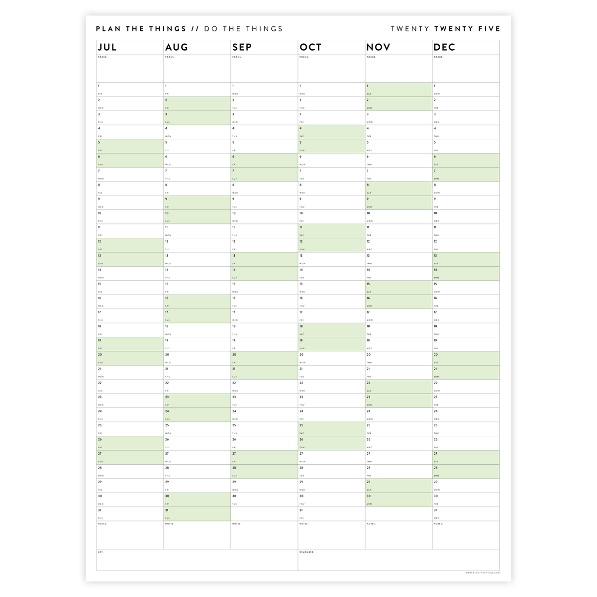 SIX MONTH 2025 GIANT WALL CALENDAR (JULY TO DECEMBER) WITH GREEN WEEKENDS