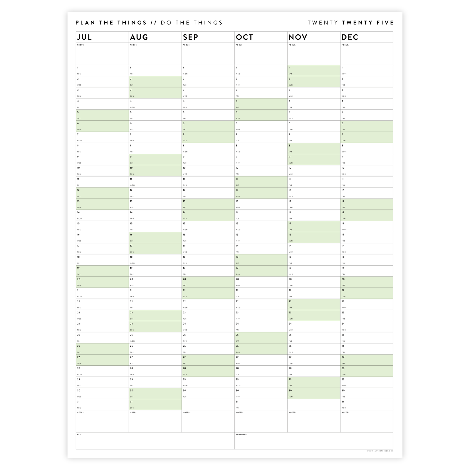 SIX MONTH 2025 GIANT WALL CALENDAR (JULY TO DECEMBER) WITH GREEN WEEKENDS