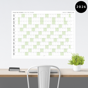 PRINTABLE 2026 HORIZONTAL WALL CALENDAR WITH GREEN WEEKENDS - INSTANT DOWNLOAD
