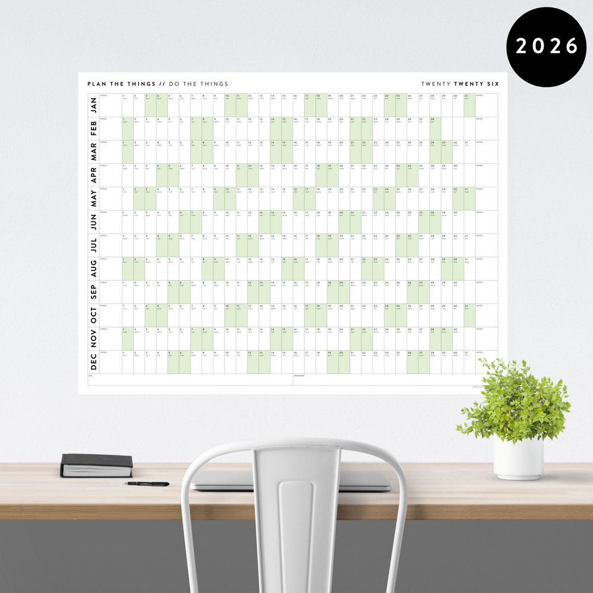 GIANT 2026 ANNUAL WALL CALENDAR | HORIZONTAL WITH GREEN WEEKENDS