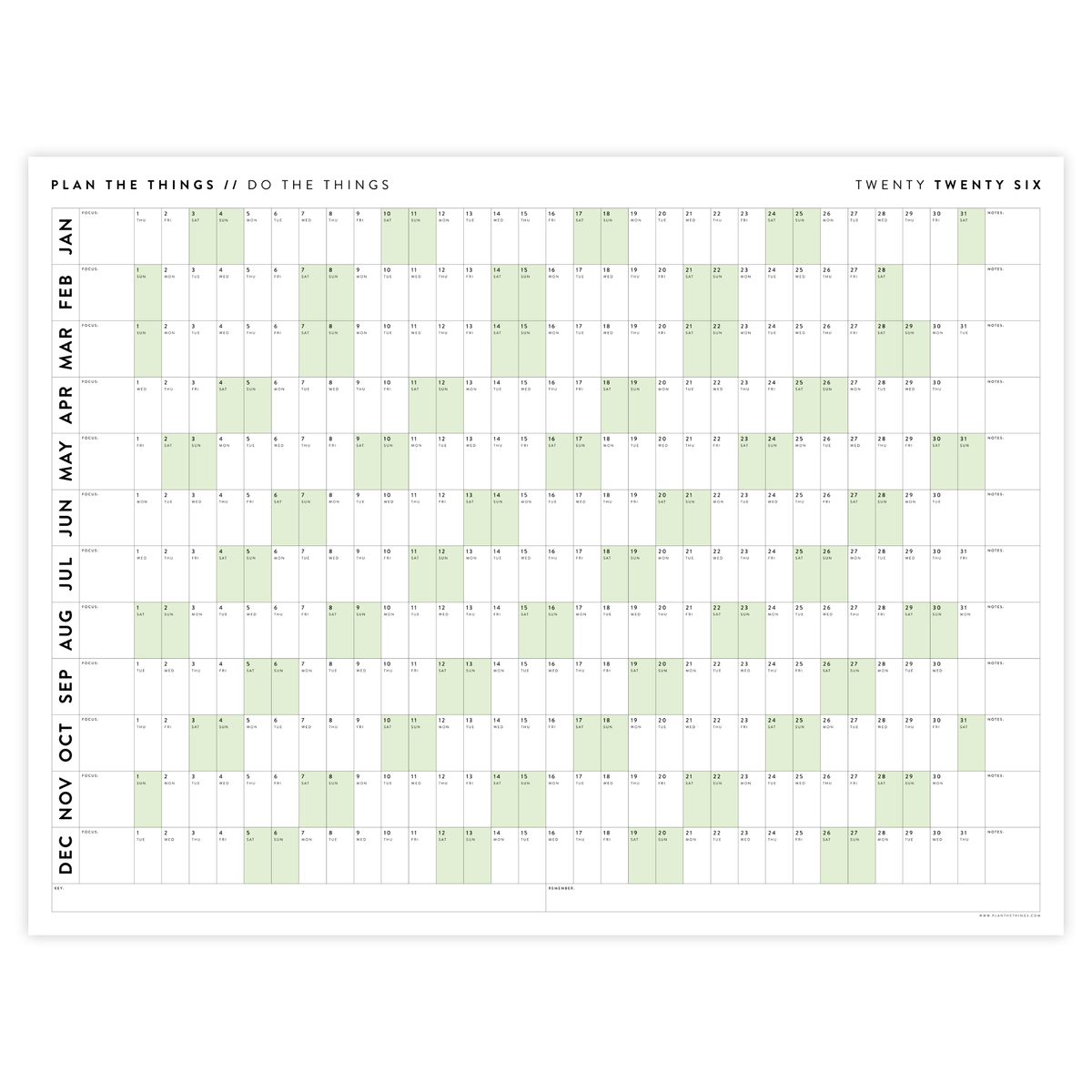 GIANT 2026 ANNUAL WALL CALENDAR | HORIZONTAL WITH GREEN WEEKENDS