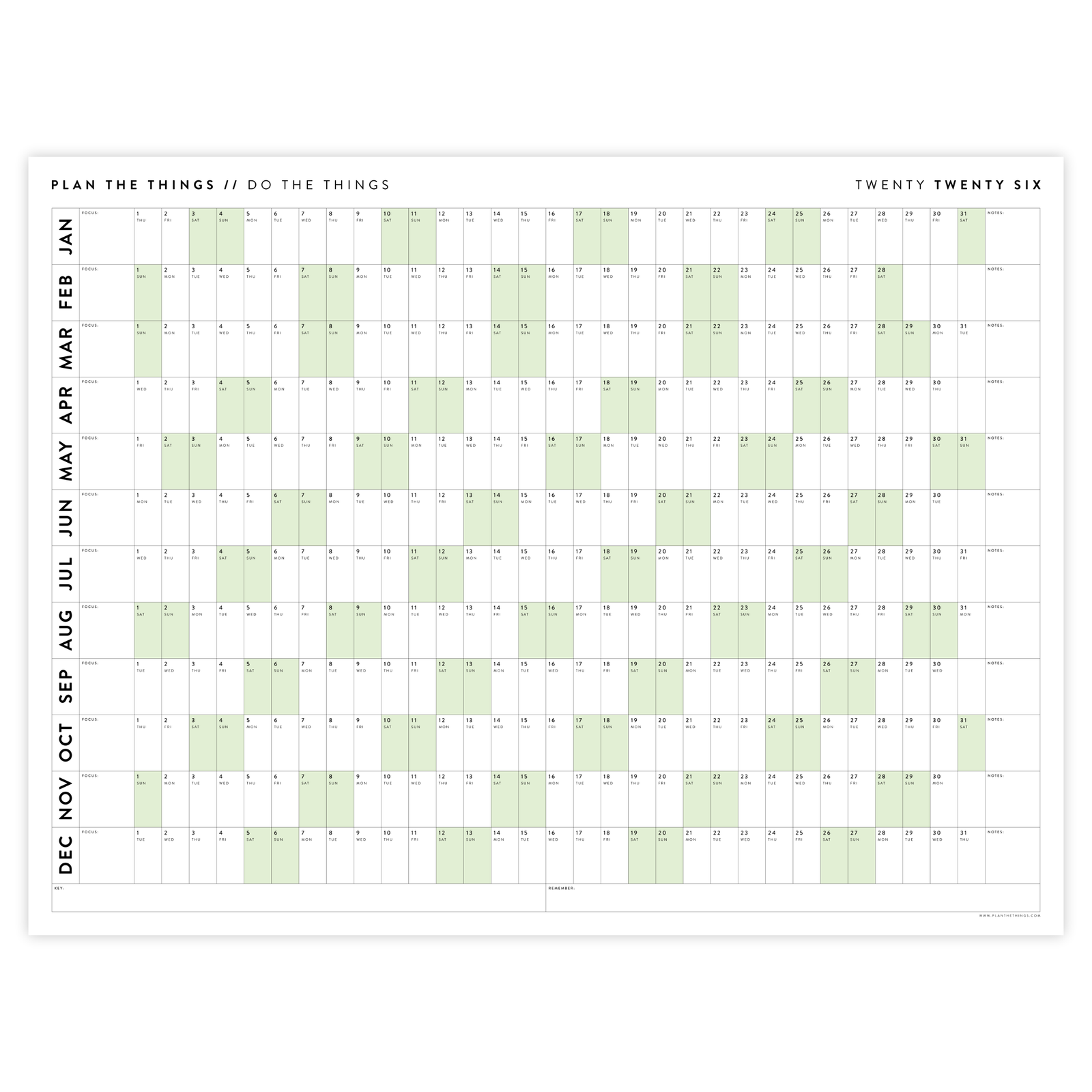GIANT 2026 ANNUAL WALL CALENDAR | HORIZONTAL WITH GREEN WEEKENDS