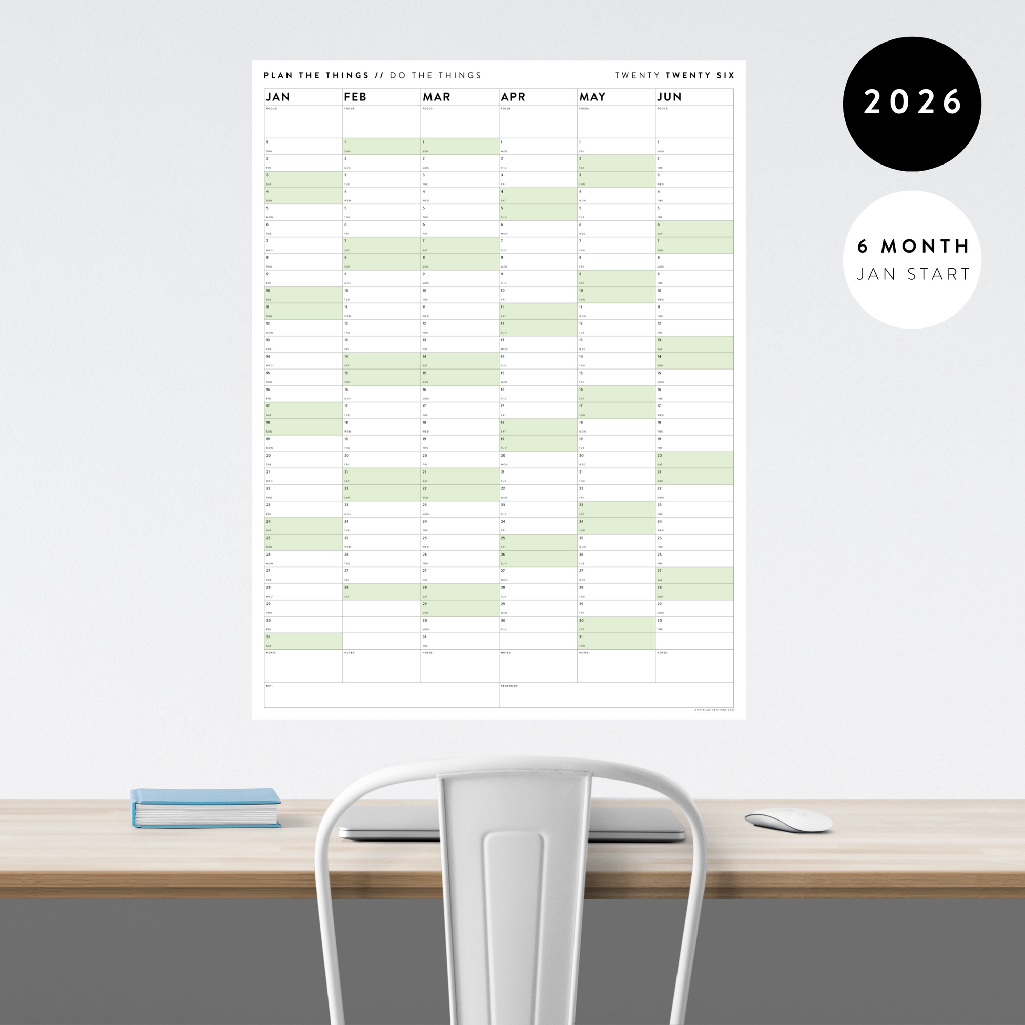 SIX MONTH 2026 GIANT WALL CALENDAR (JANUARY TO JUNE)  WITH GREEN WEEKENDS