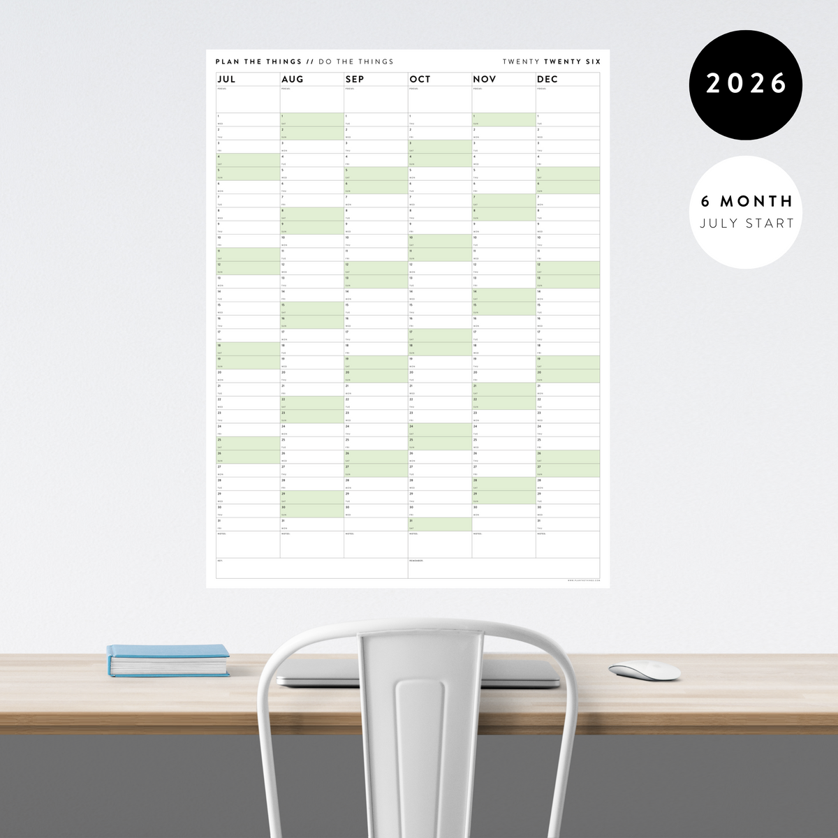 SIX MONTH 2026 GIANT WALL CALENDAR (JULY TO DECEMBER) WITH GREEN WEEKENDS