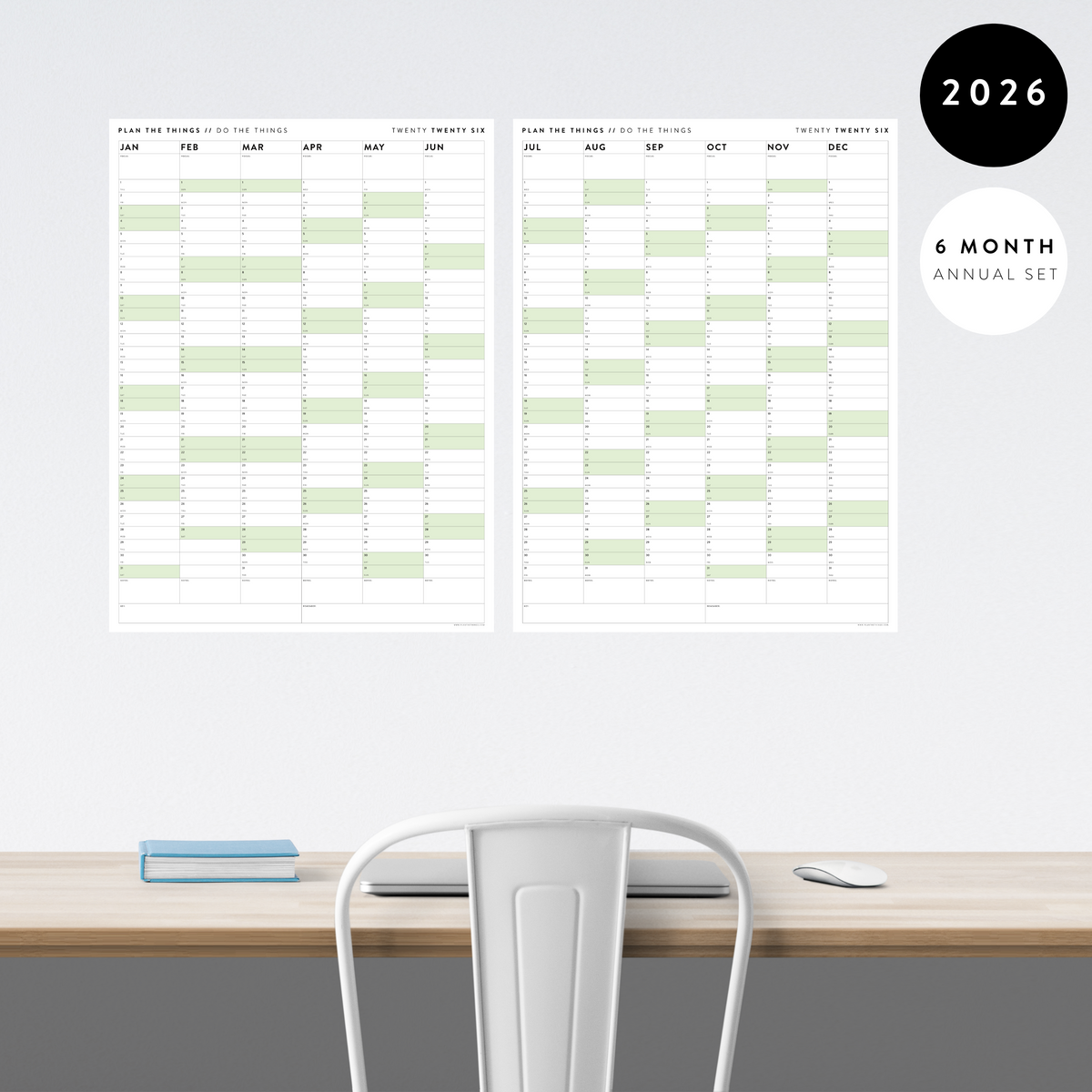 PRINTABLE SIX MONTH 2026 ACADEMIC YEAR WALL CALENDAR SET WITH GREEN WEEKENDS - INSTANT DOWNLOAD