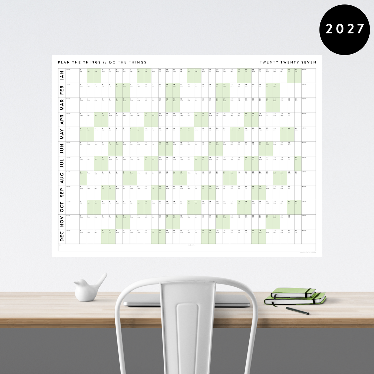 GIANT 2027 ANNUAL WALL CALENDAR | HORIZONTAL WITH GREEN WEEKENDS
