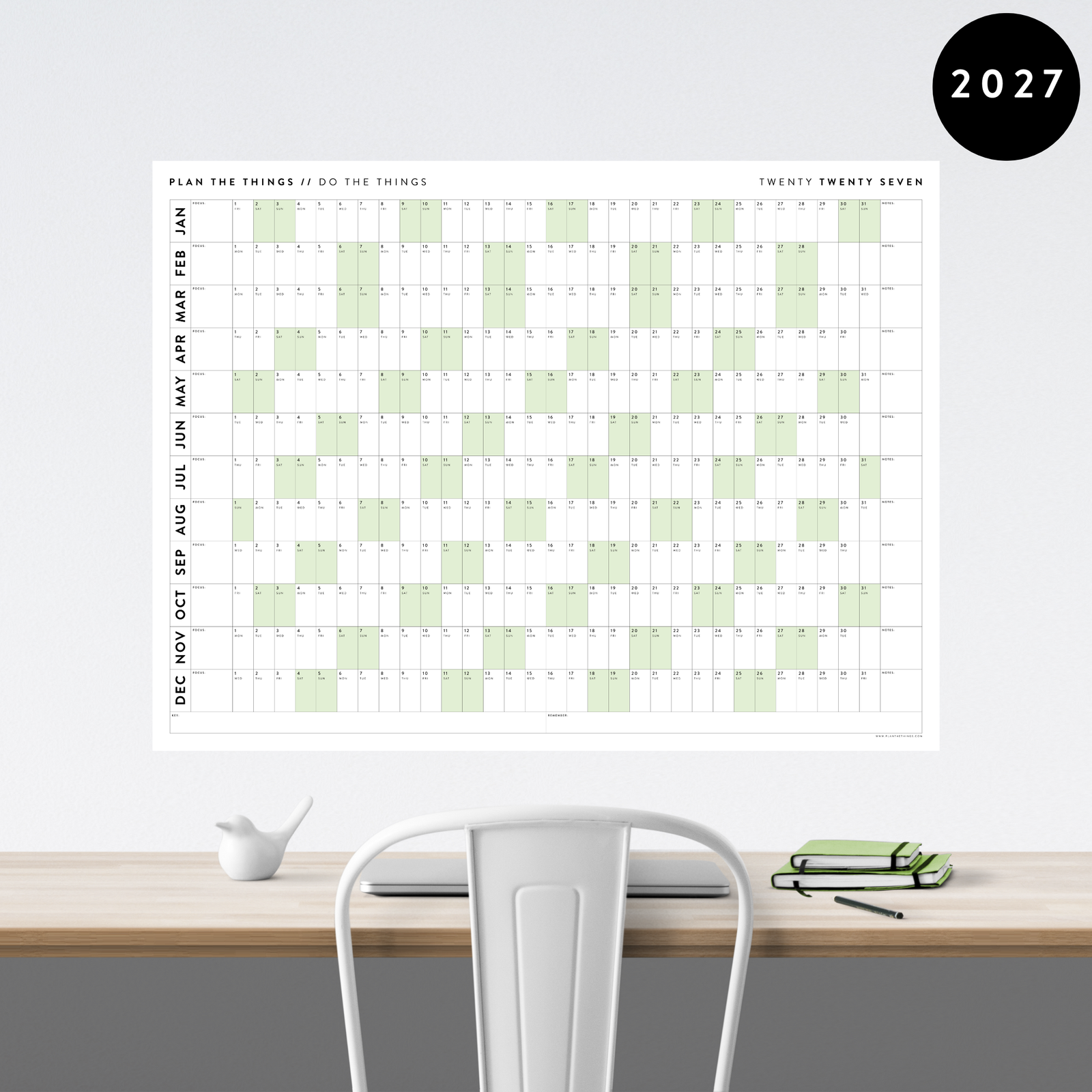 GIANT 2027 ANNUAL WALL CALENDAR | HORIZONTAL WITH GREEN WEEKENDS