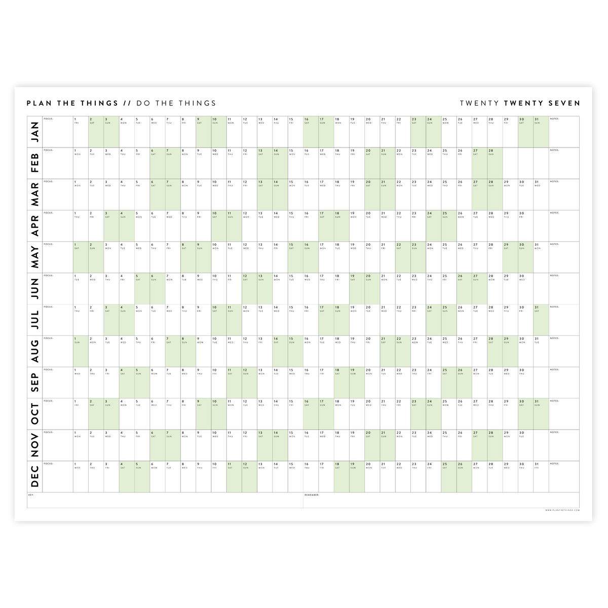 GIANT 2027 ANNUAL WALL CALENDAR | HORIZONTAL WITH GREEN WEEKENDS