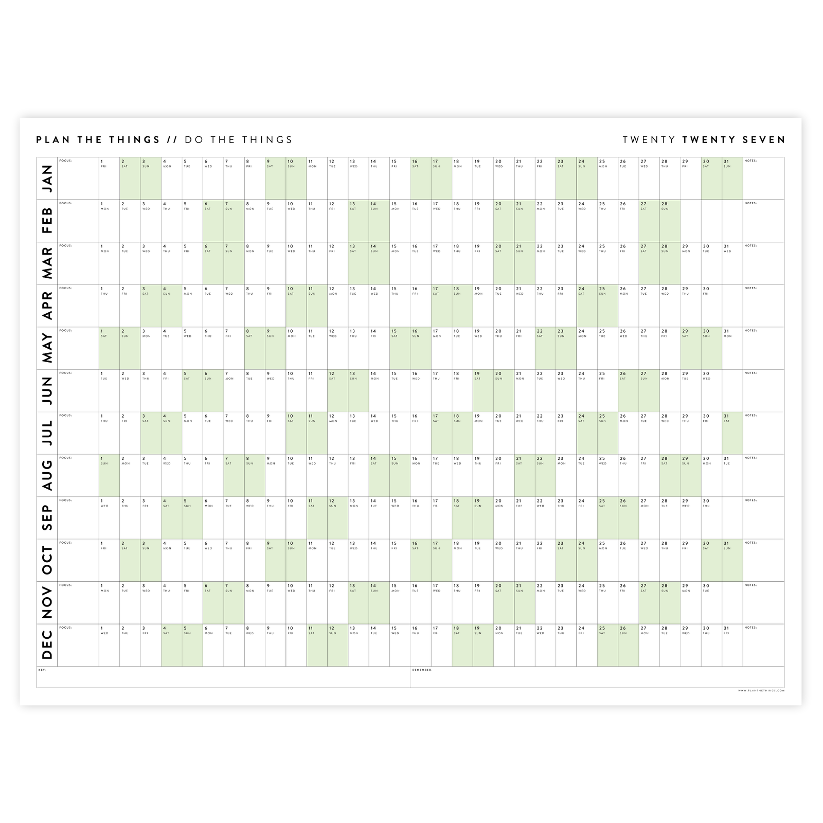GIANT 2027 ANNUAL WALL CALENDAR | HORIZONTAL WITH GREEN WEEKENDS