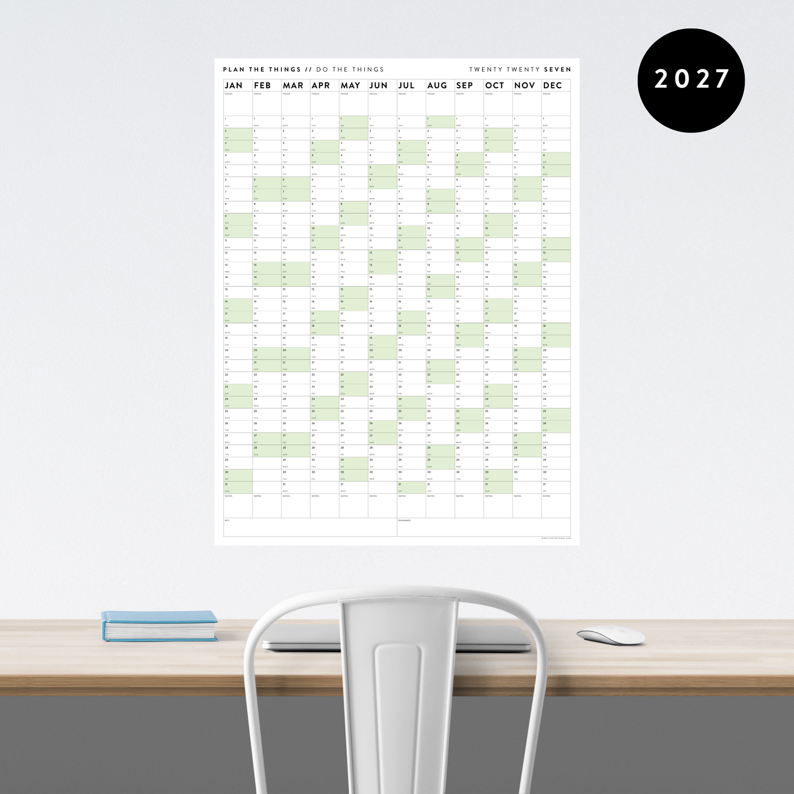 GIANT 2027 ANNUAL WALL CALENDAR | VERTICAL WITH GREEN WEEKENDS