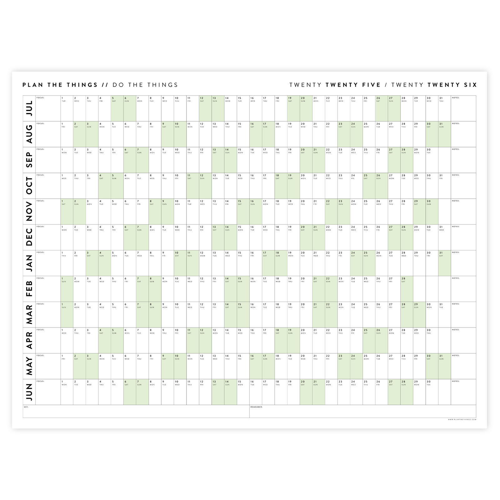 2025 - 2026 ACADEMIC WALL CALENDAR (JULY START) | HORIZONTAL WITH GREEN WEEKENDS