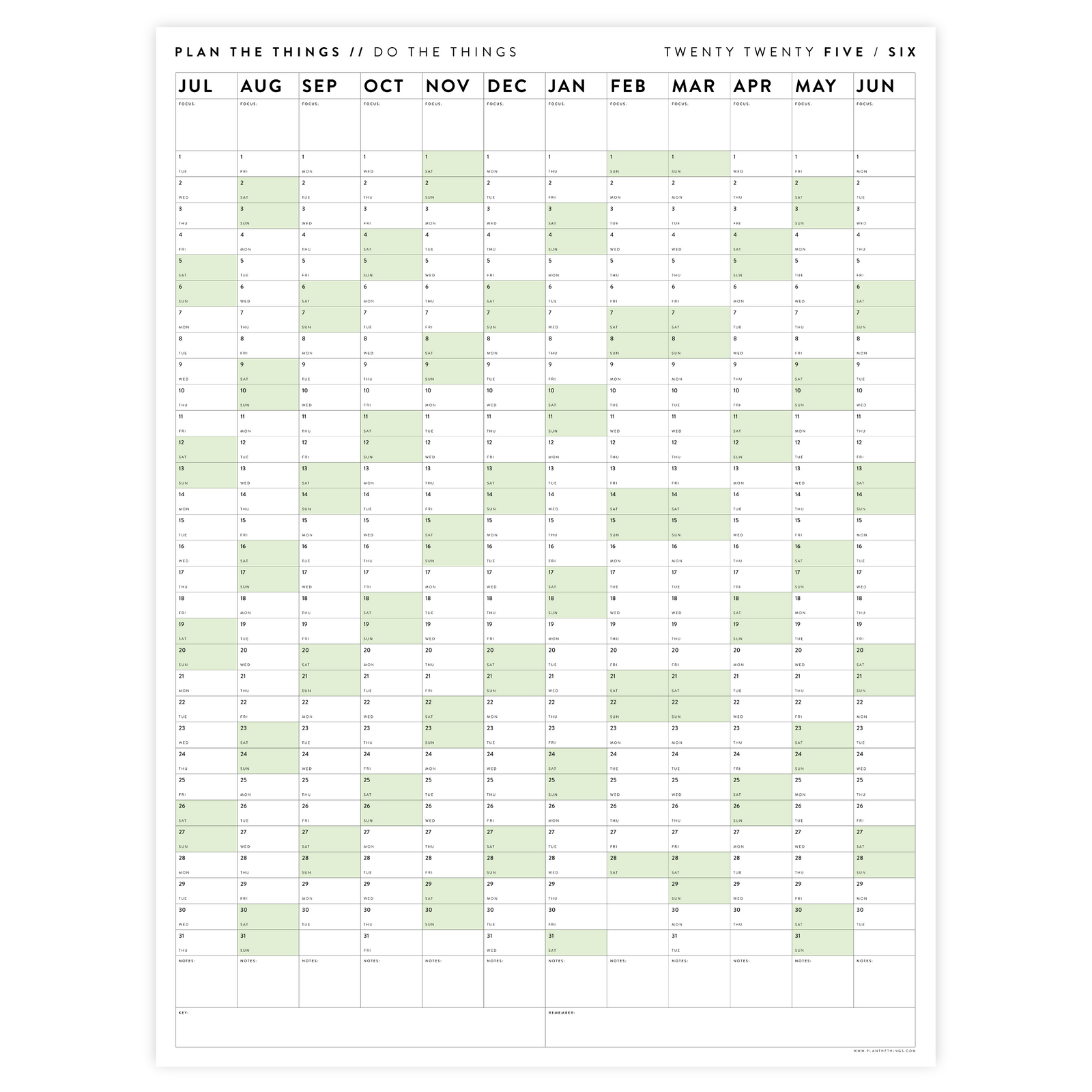 2025 - 2026 ACADEMIC WALL CALENDAR (JULY START) | VERTICAL WITH GREEN WEEKENDS