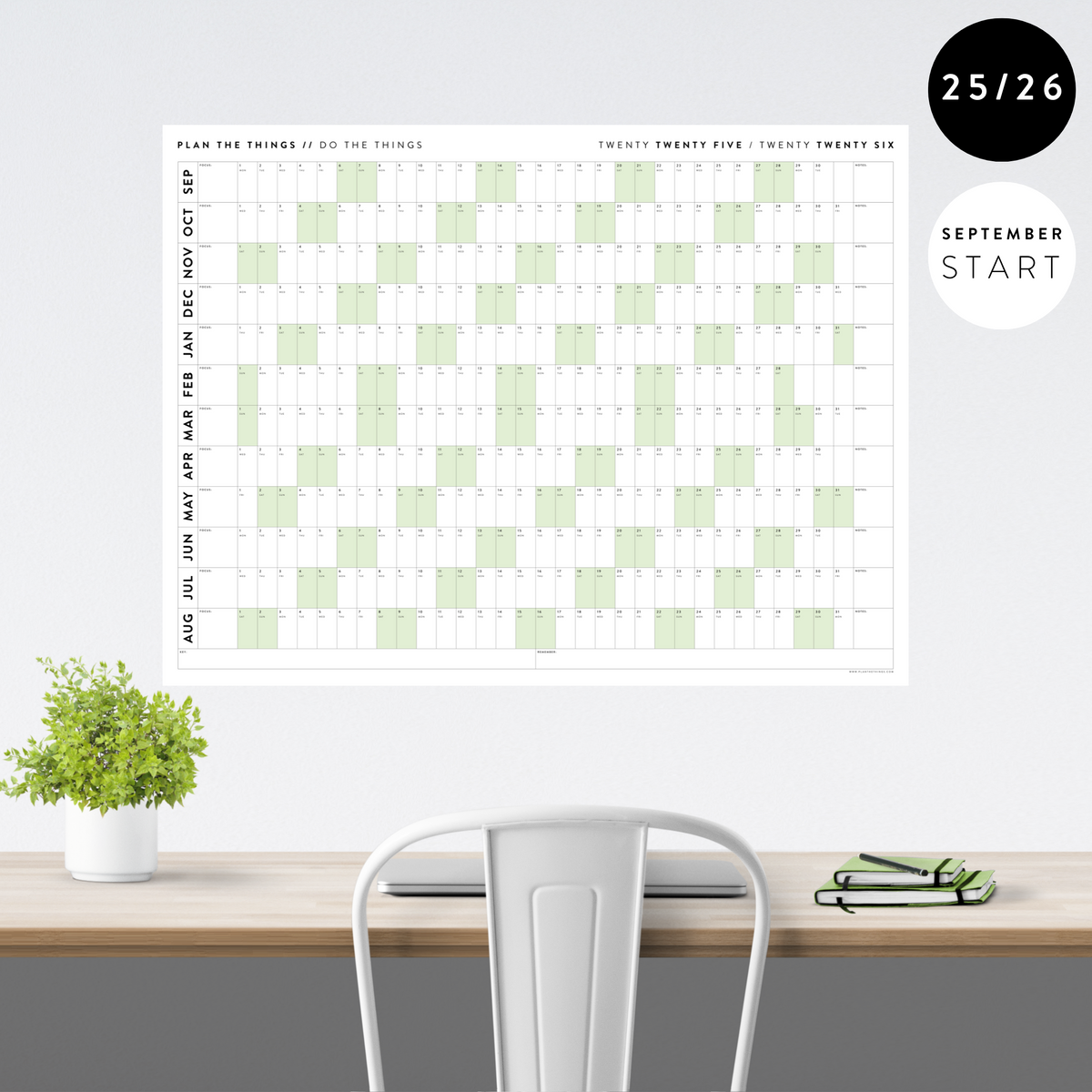 PRINTABLE 2025 - 2026 ACADEMIC WALL CALENDAR (SEPTEMBER START) | HORIZONTAL WITH GREEN WEEKENDS - INSTANT DOWNLOAD